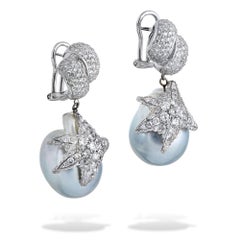 Diamond Starfish Earrings 18k White Gold Baroque pearls 18k