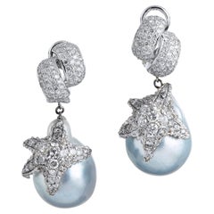 Diamond Starfish Earrings 18k White Gold Baroque pearls 18k