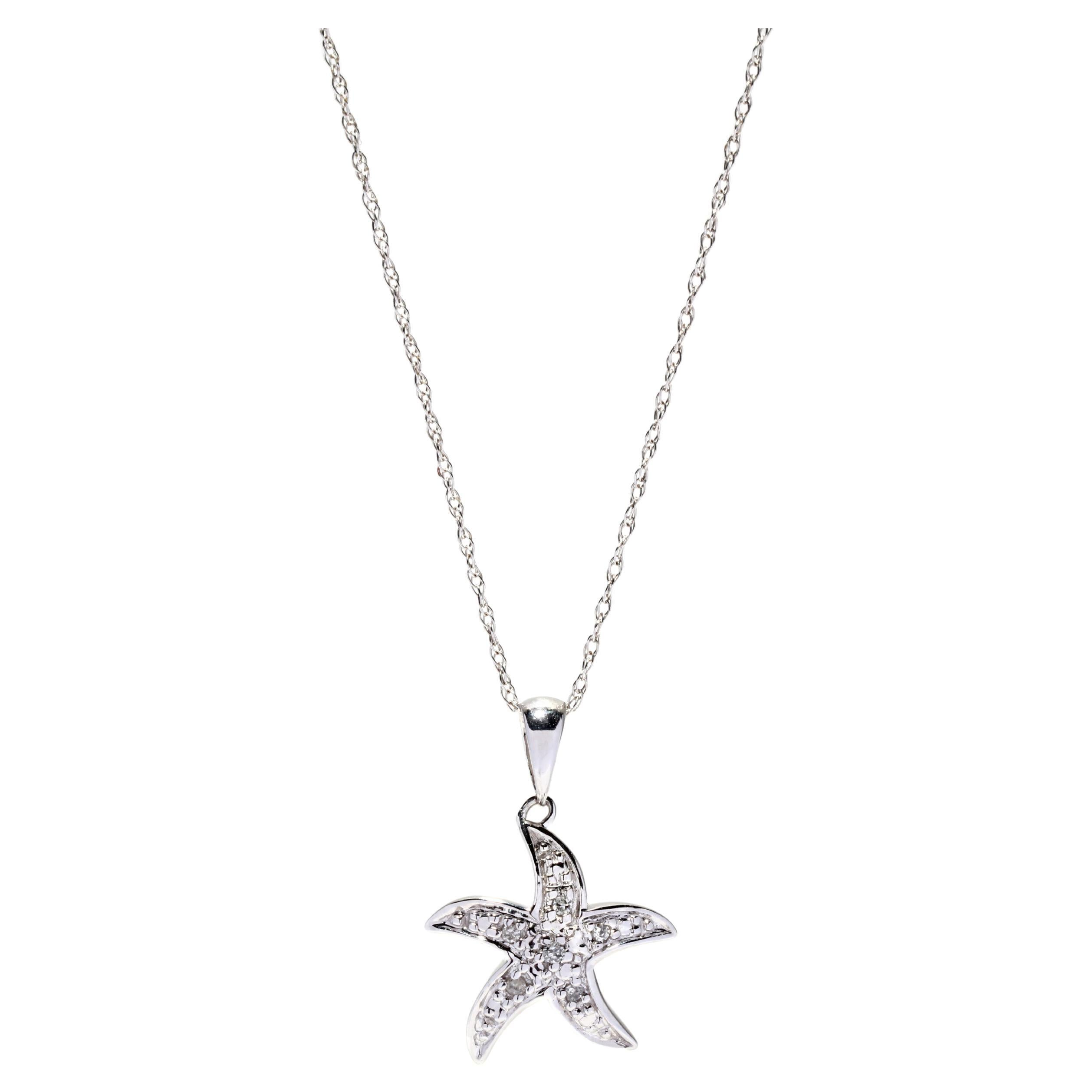 Diamond Starfish Pendant Necklace, 10K White Gold, Simple Starfish Necklace