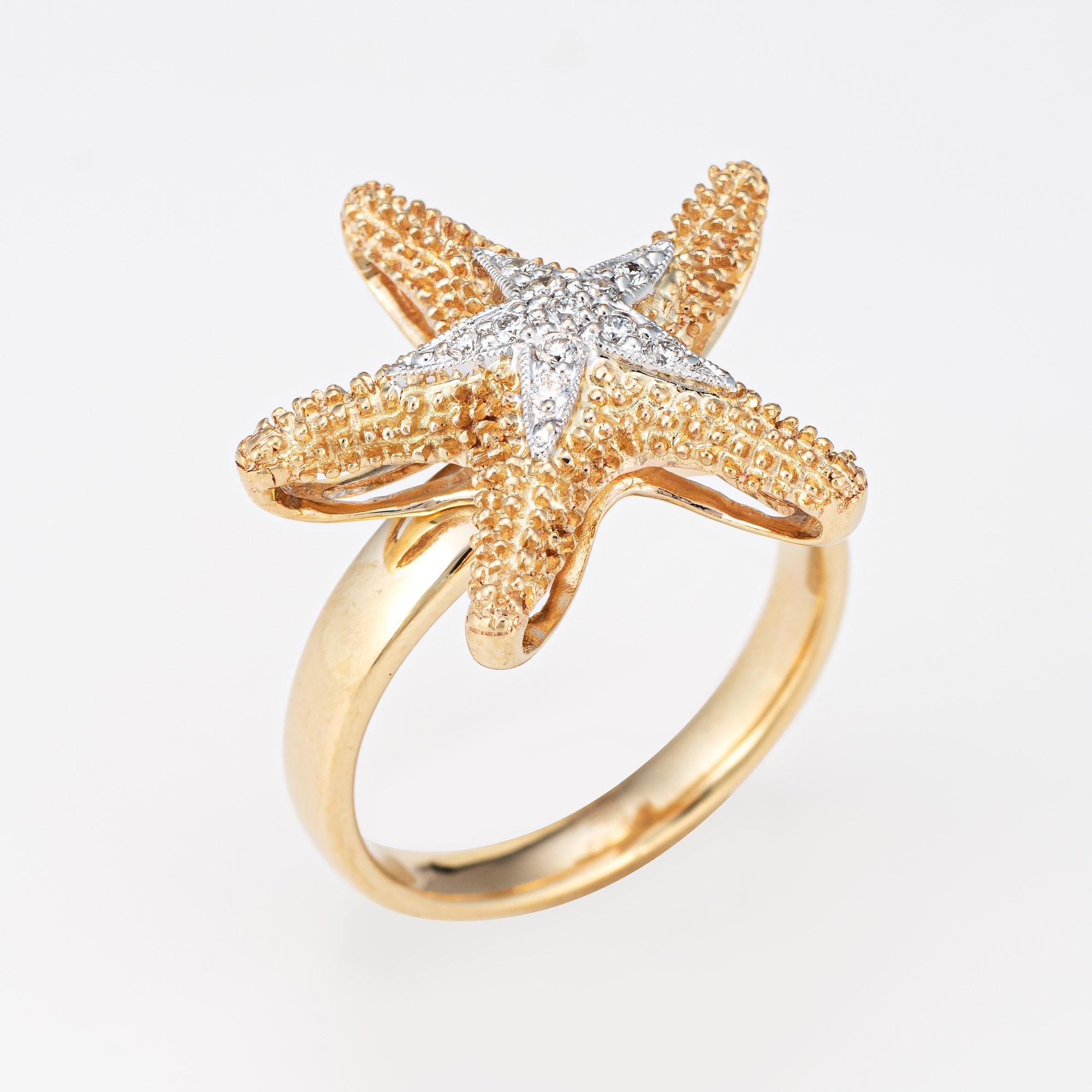 Stylish diamond starfish ring crafted in 14 karat yellow gold. 

11 round brilliant cut diamonds total an estimated 0.05 carats (estimated at I-J color and SI2-I2 clarity).  

Diamonds are set to the center of the textured lifelike starfish mount.