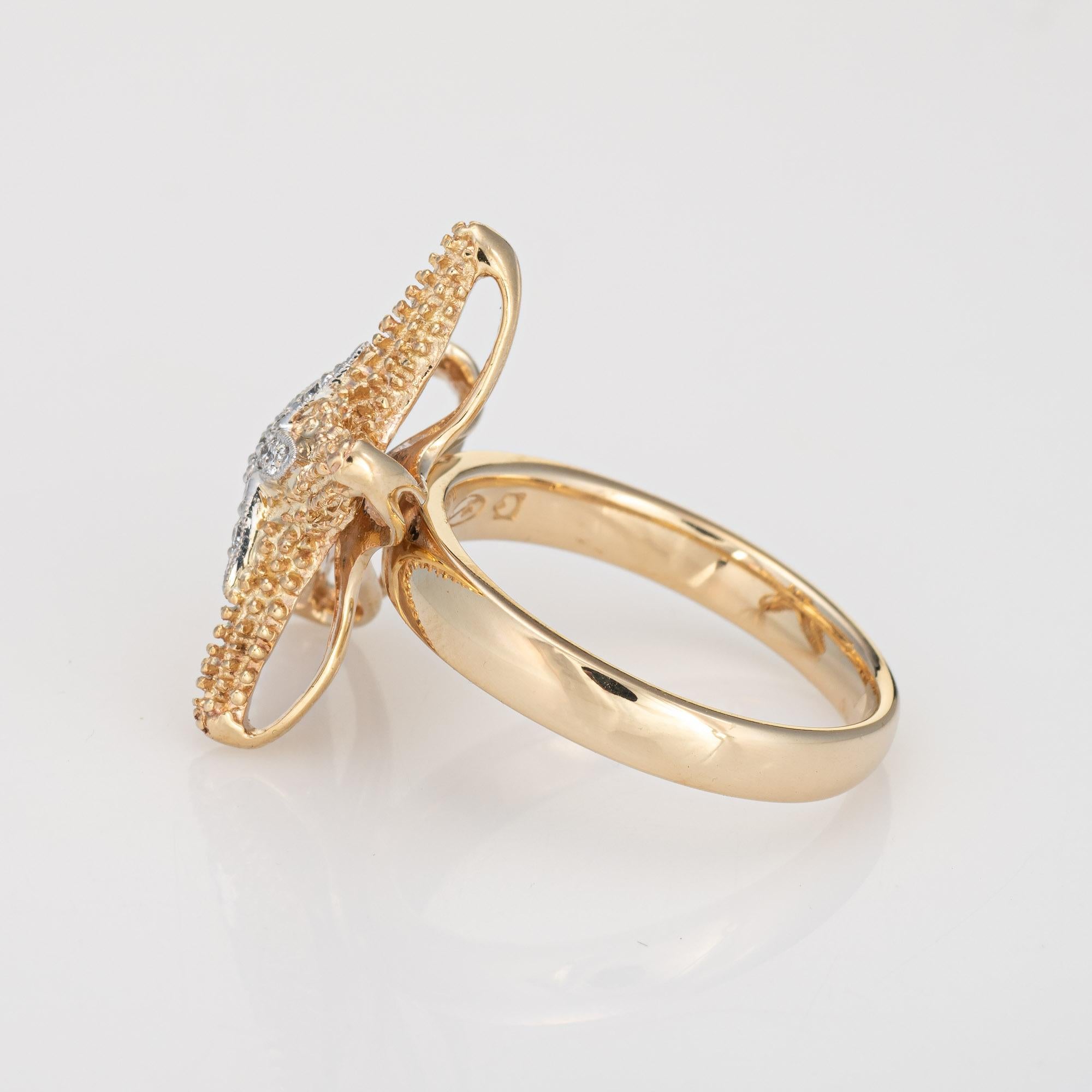 Round Cut Diamond Starfish Ring Vintage 14k Yellow Gold Sz 7.5 Ocean Marine Jewelry