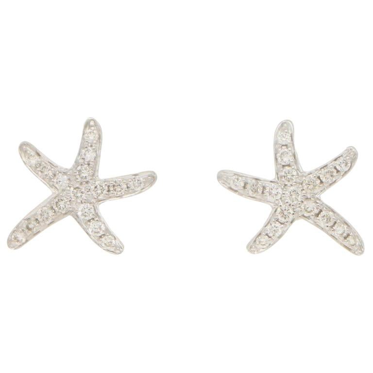 Diamond Starfish Stud Earrings Set in 18k White Gold For Sale
