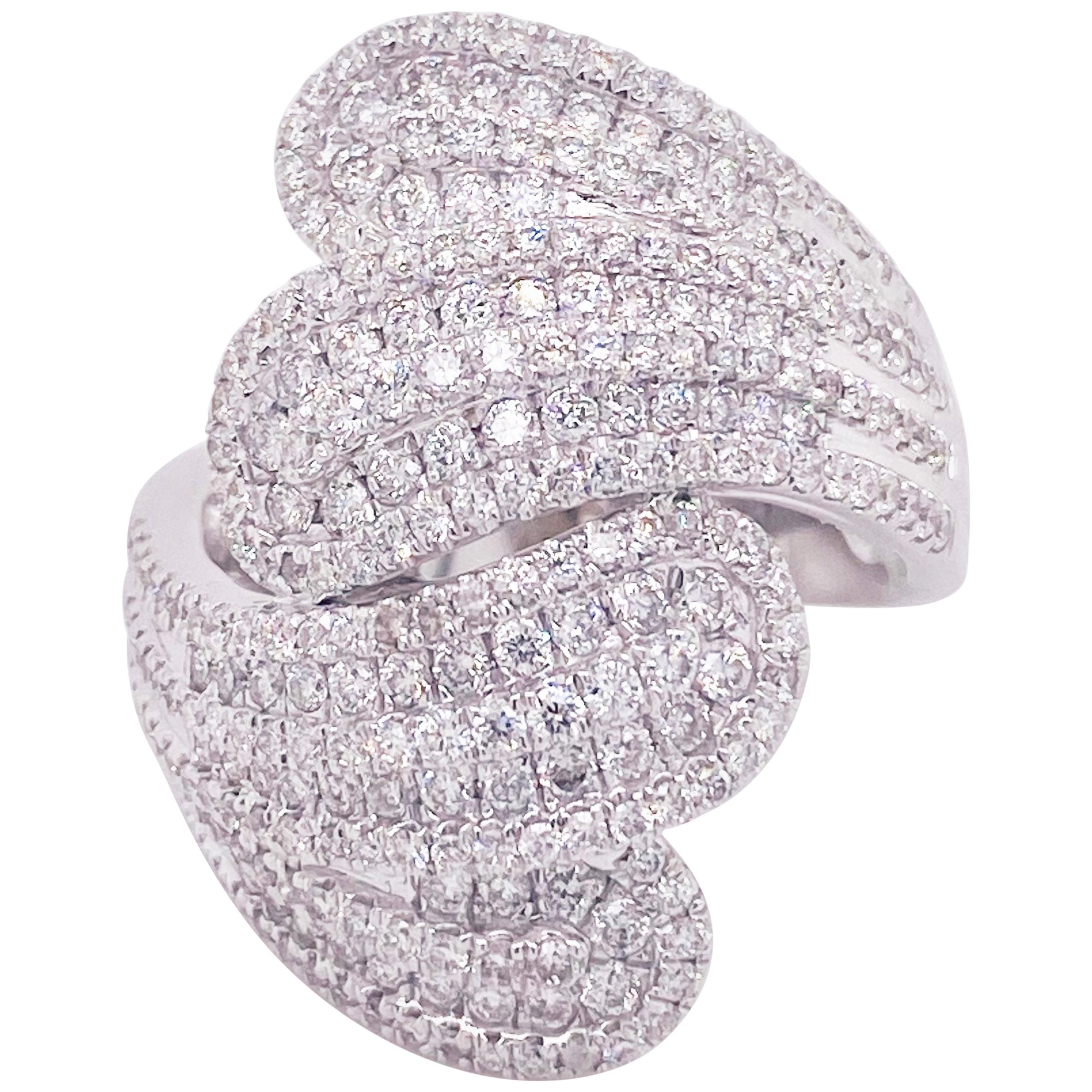 Diamond Statement Ring, Lush 14 Karat White Gold, Bombe, Fashion Band, Bypass