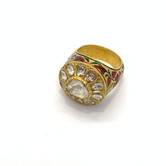 Diamond Statement Ring with Intricate Enamel Work Handcrafted in 22k Yellow Gold