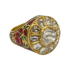 Diamond Statement Ring with Intricate Enamel Work Handcrafted in 22k Yellow Gold