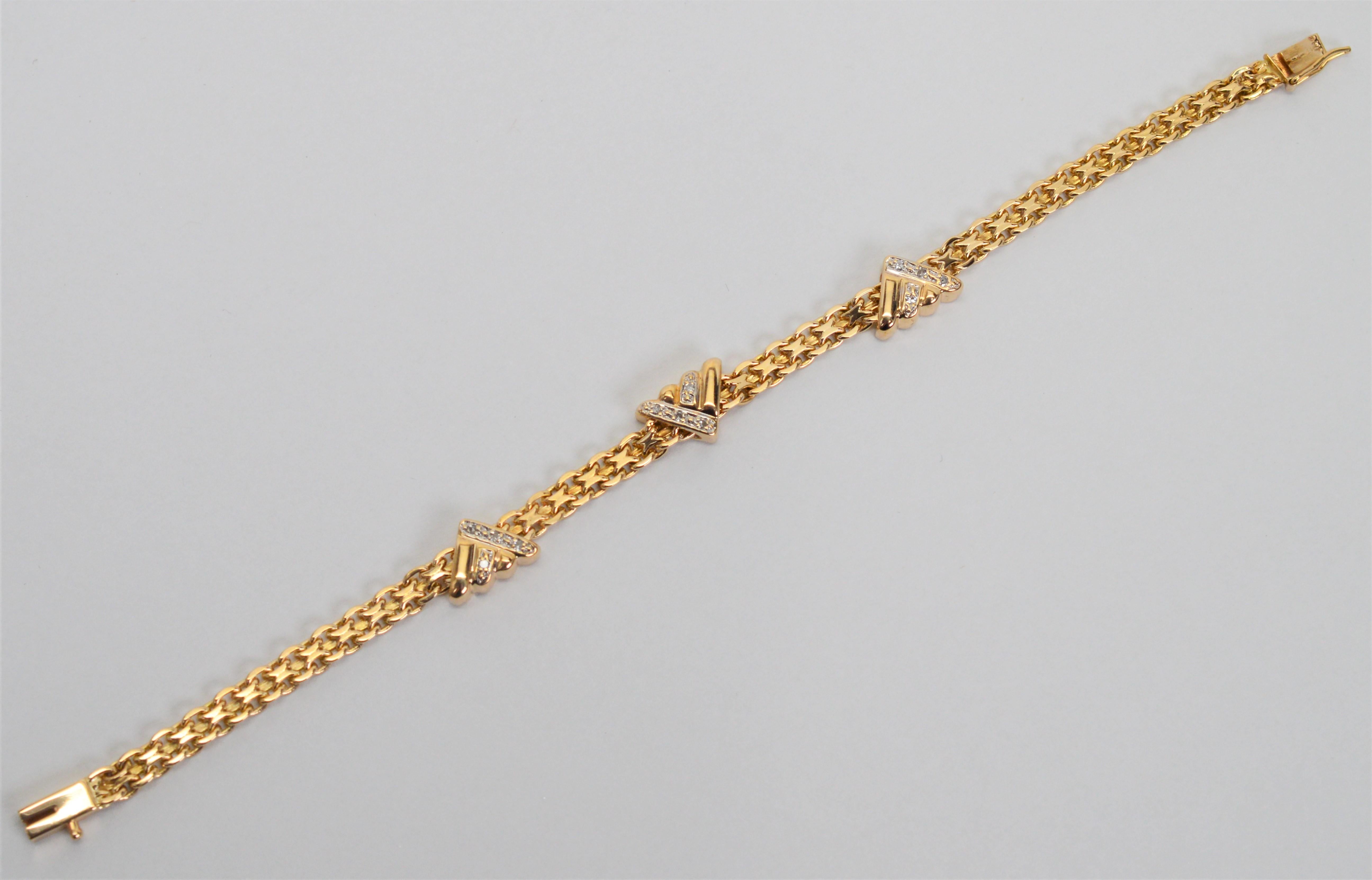 Round Cut Diamond Station 14 Karat Yellow Gold Bismark Chain Bracelet For Sale