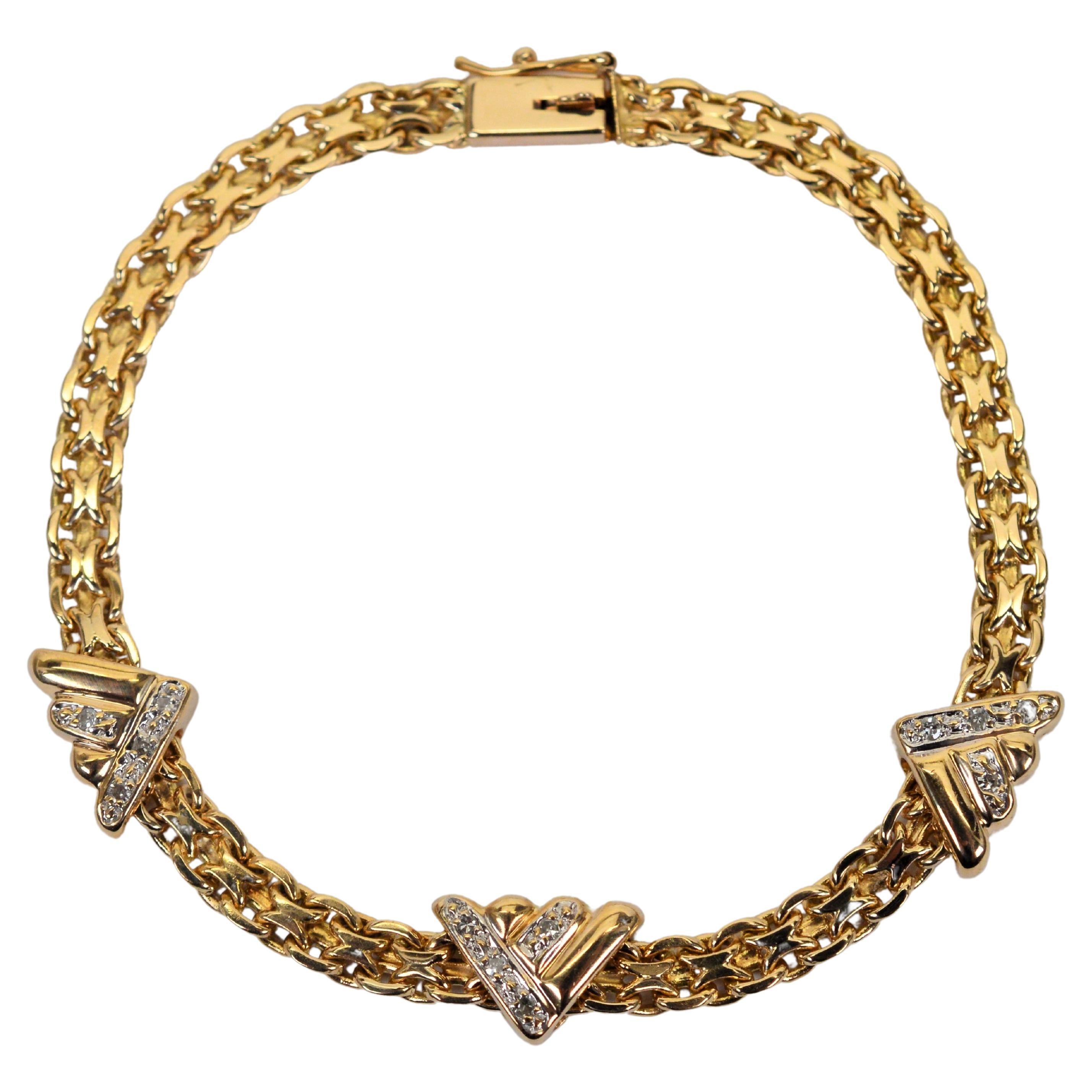 Diamond Station 14 Karat Yellow Gold Bismark Chain Bracelet For Sale