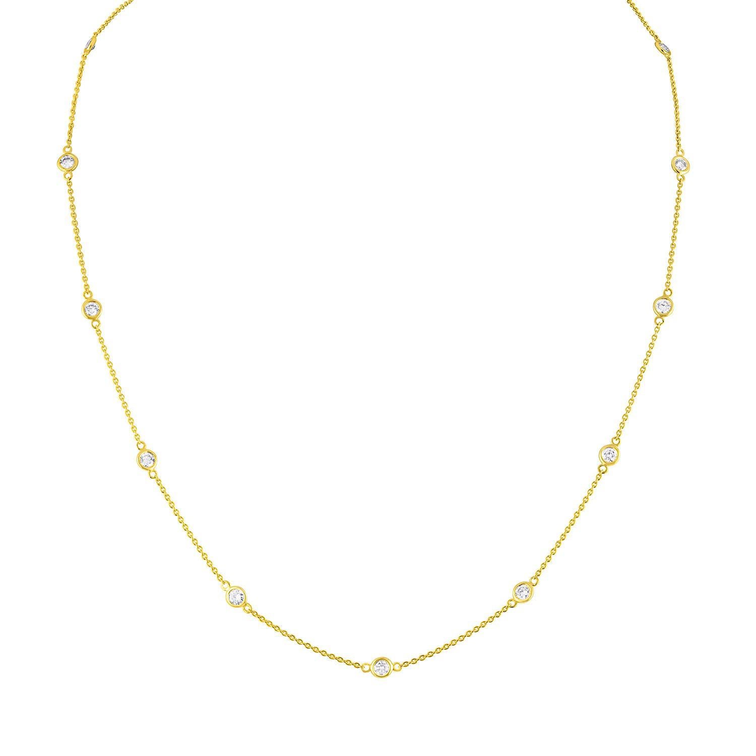 Round Cut Diamond Station Necklace 1.10 Carats 14K Yellow Gold For Sale