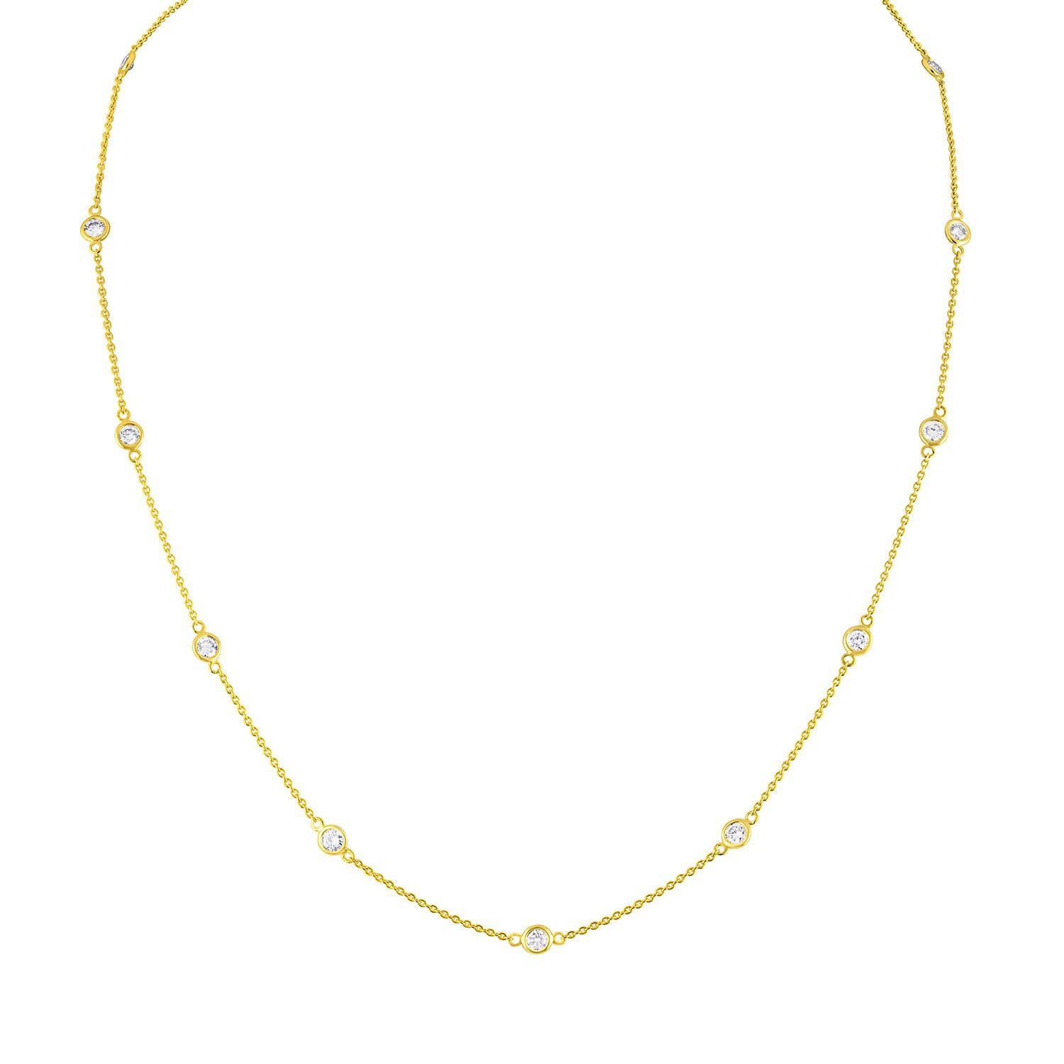 Taille ronde Collier station en or jaune 14 carats et diamants 1,10 carat en vente