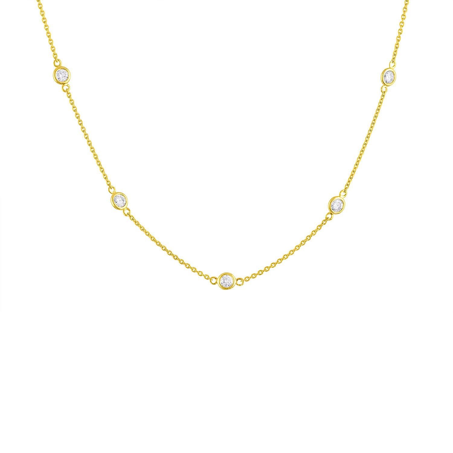 Diamond Station Necklace 1.10 Carats 14K Yellow Gold In Excellent Condition For Sale In Laguna Niguel, CA