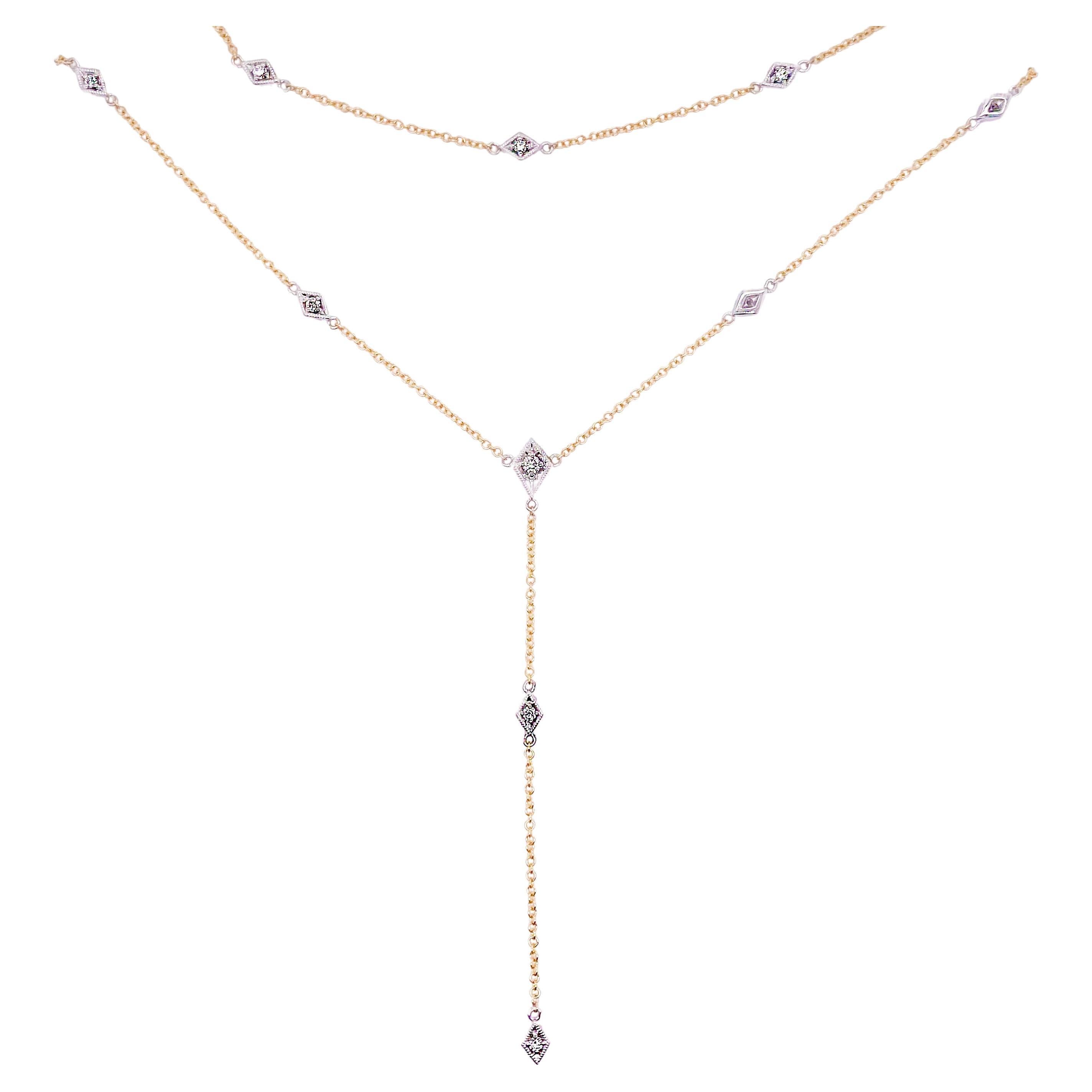 Diamond Station Necklace, Yellow-White Gold, Two Strand Layered Necklace For Sale