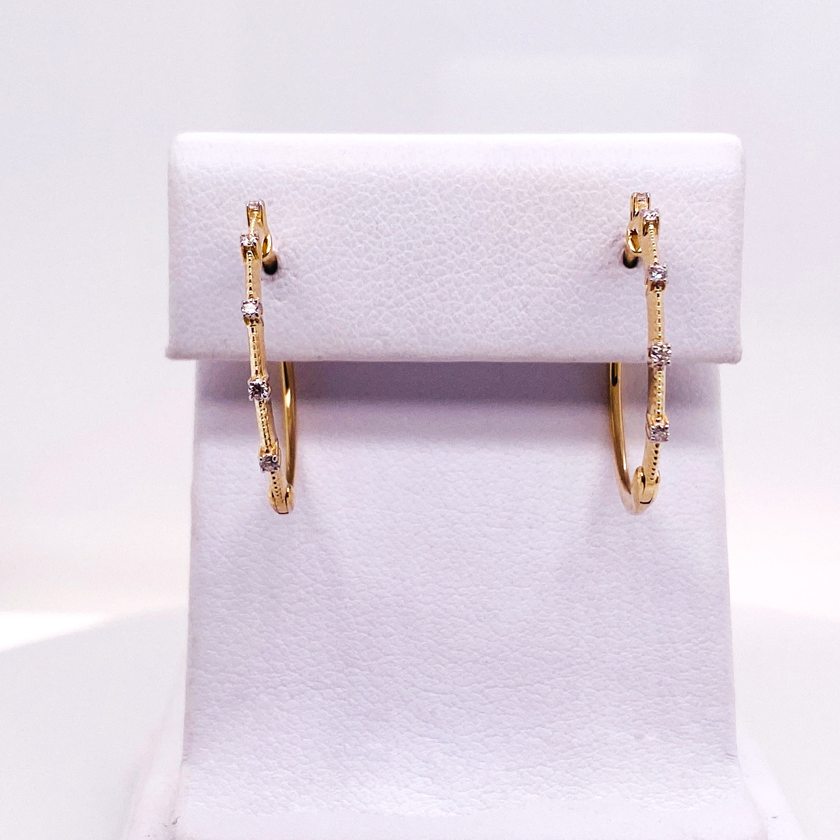 Contemporary Diamond Station Threaded Hoop Earrings in 14k Yellow / White Gold, EG13761 LV For Sale