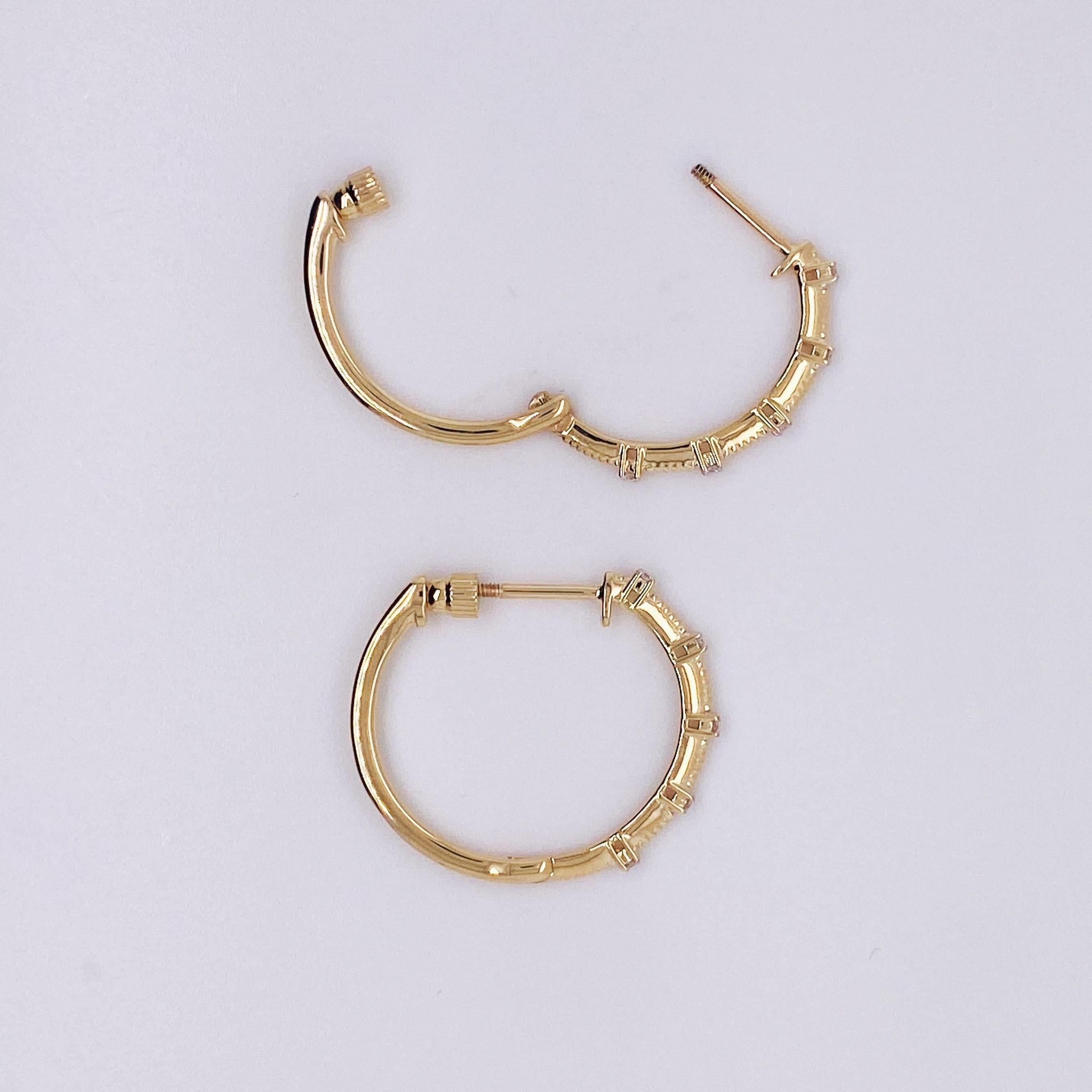 Women's Diamond Station Threaded Hoop Earrings in 14k Yellow / White Gold, EG13761 LV For Sale