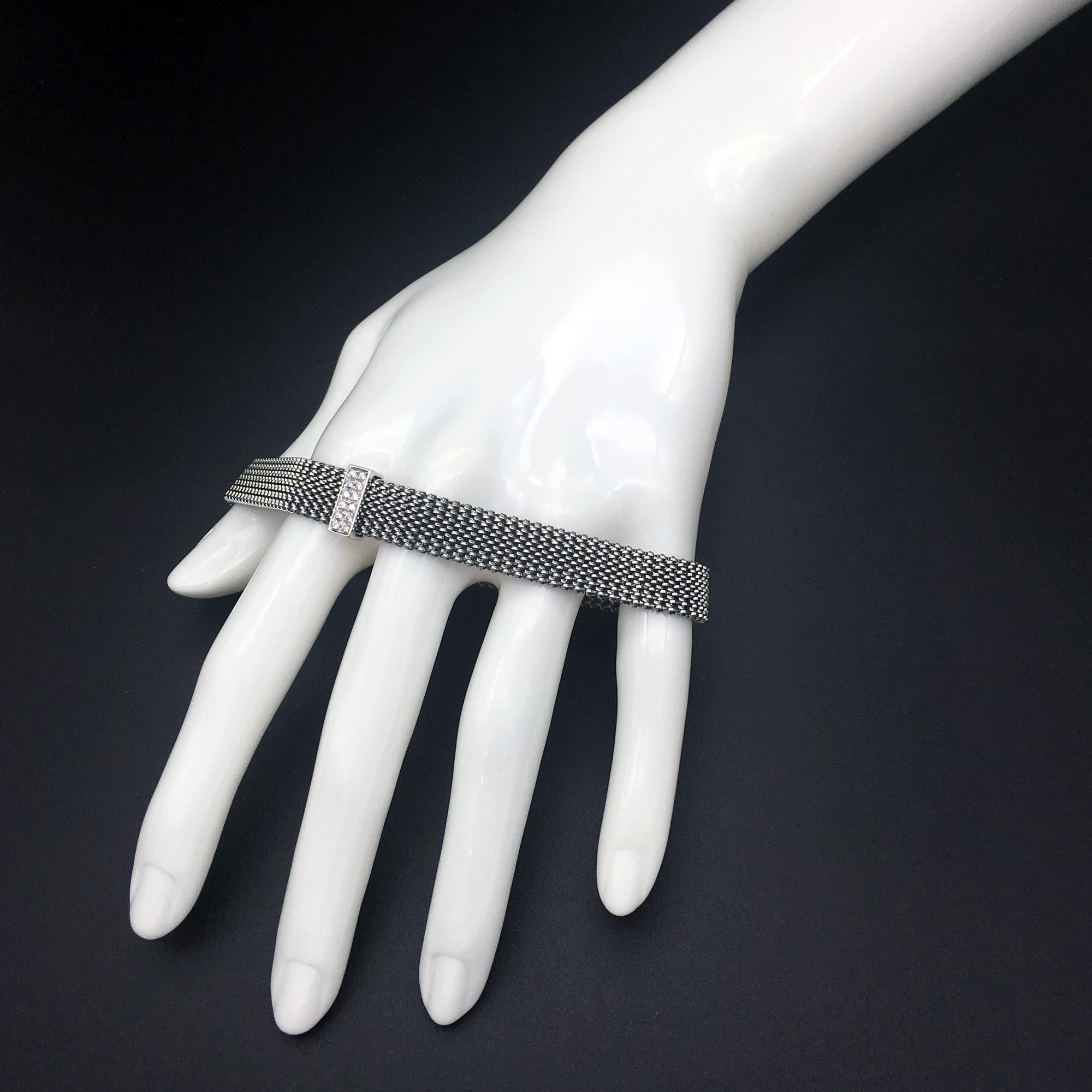 Round Cut Diamond Steel and White Gold Cuff Bracelet
