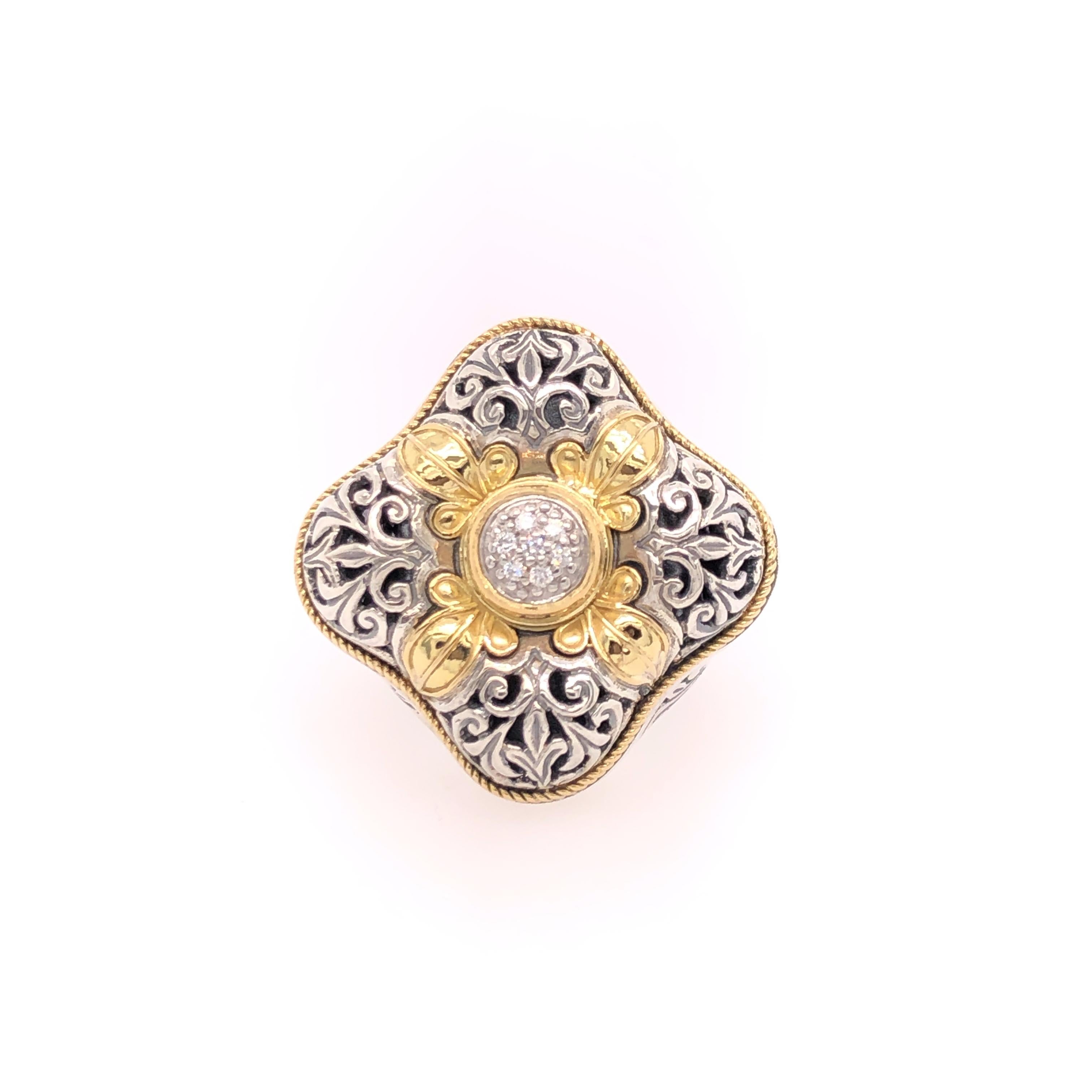 Gemstone: Diamond (0.09ct +/- )
Material: Sterling Silver & 18k Gold

Size: 7

Stamped: 750, 925, KONSTANTINO
