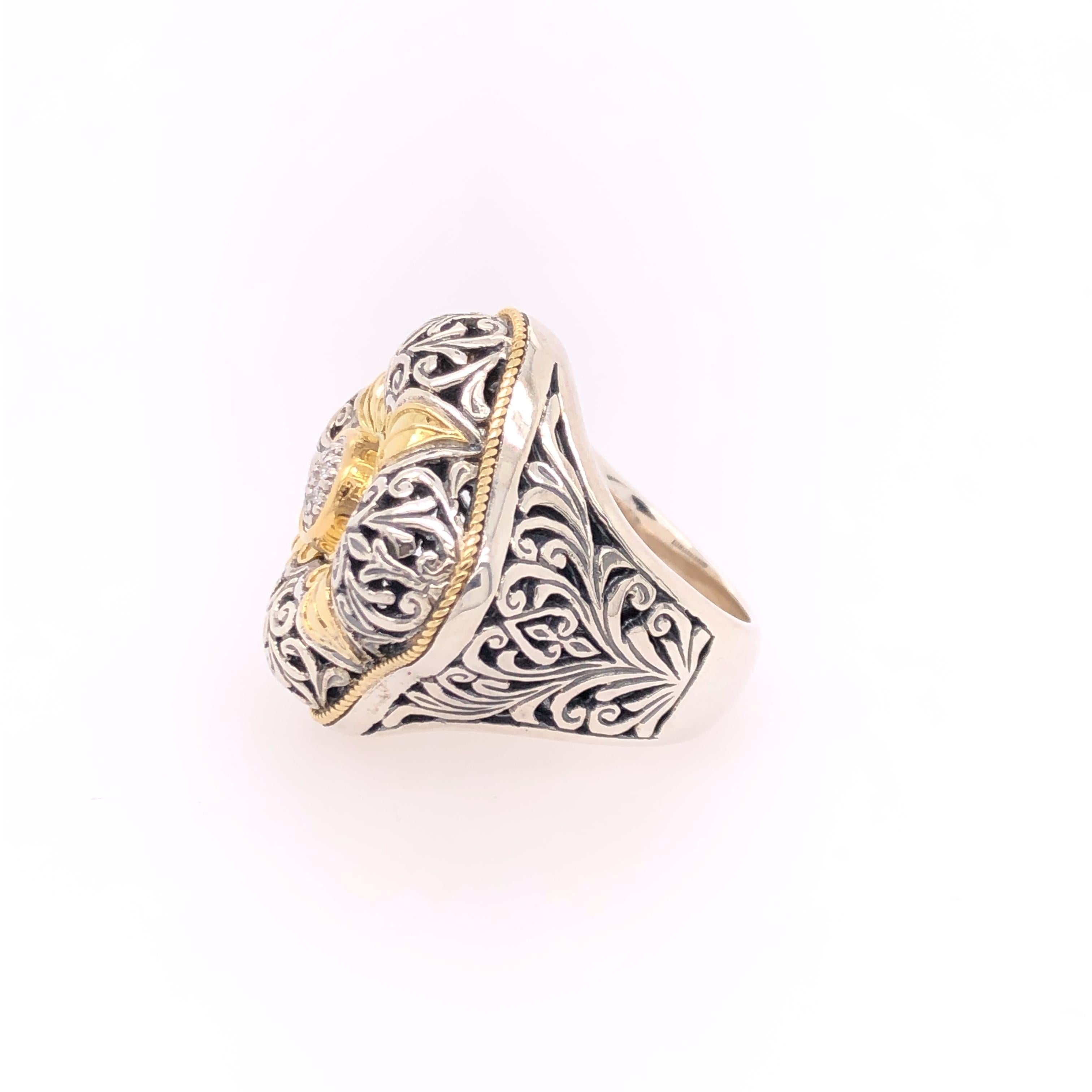 Contemporary Diamond Sterling Silver & 18k Gold Floral Motif Ring For Sale