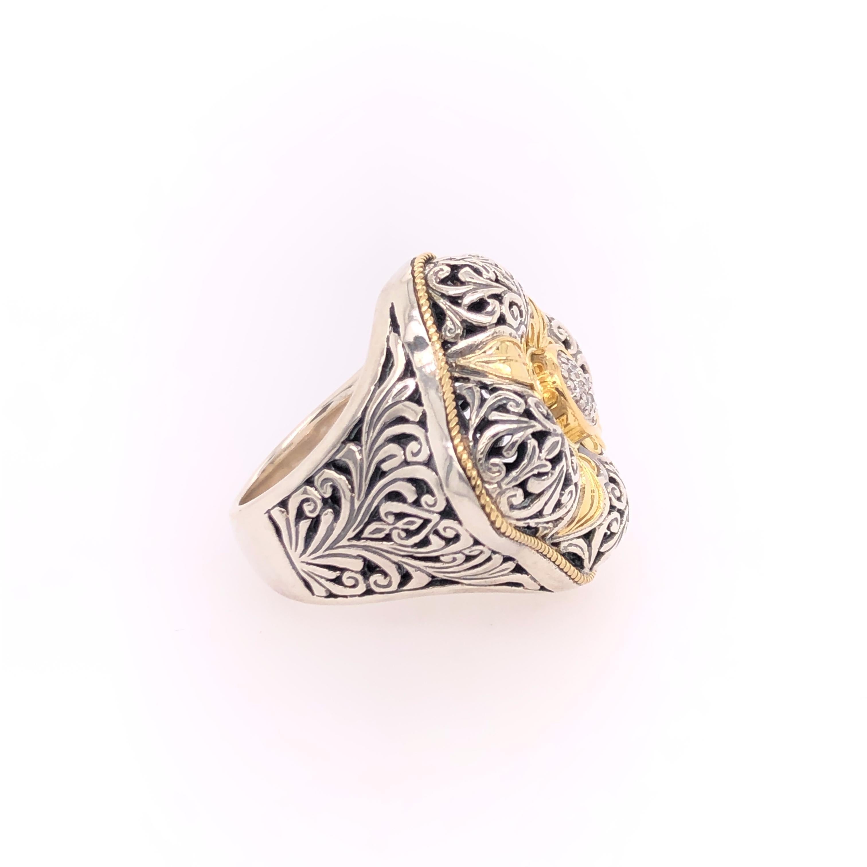 Diamond Sterling Silver & 18k Gold Floral Motif Ring In New Condition For Sale In Dallas, TX