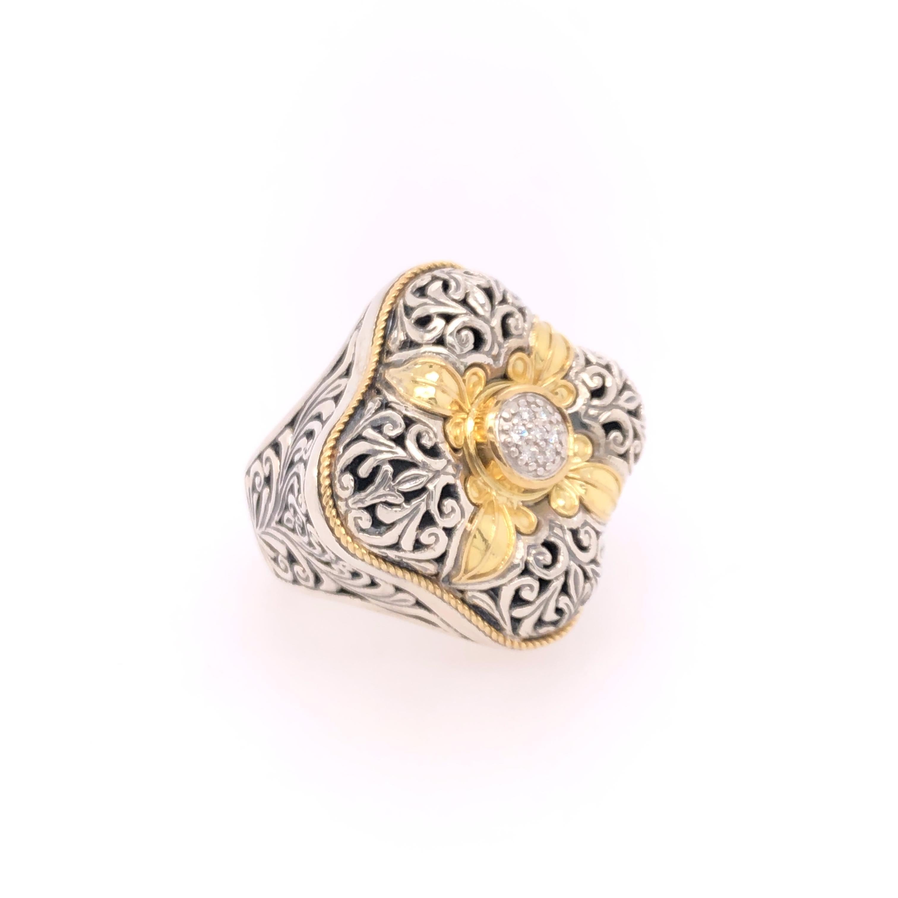 Women's Diamond Sterling Silver & 18k Gold Floral Motif Ring For Sale