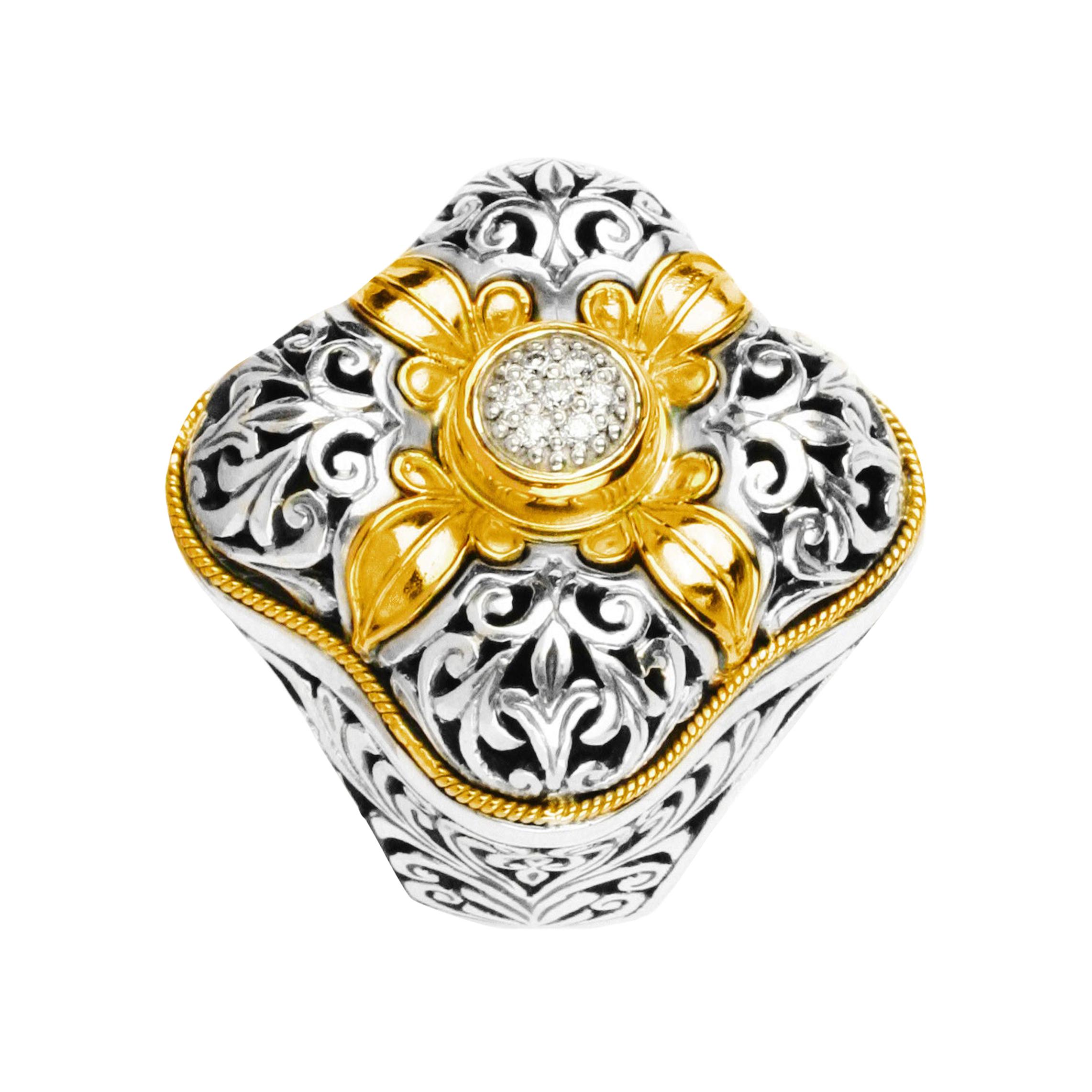 Diamond Sterling Silver & 18k Gold Floral Motif Ring For Sale
