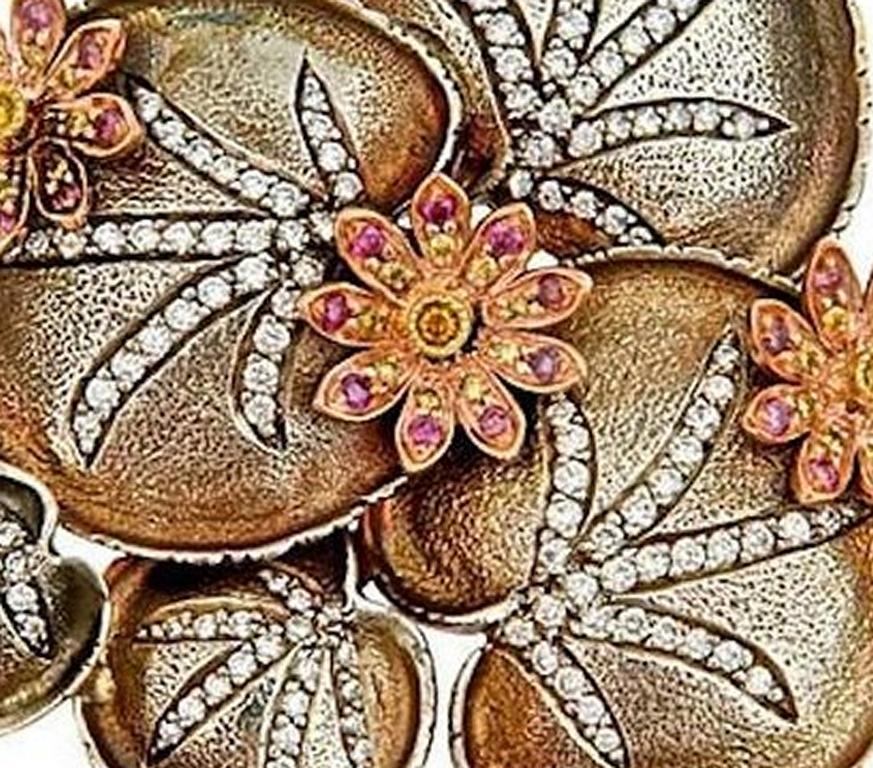 Diamond Sterling Silver 18k Rose Gold MOONLIGHT LOTUS Brooch John Landrum Bryant In New Condition For Sale In New York, NY