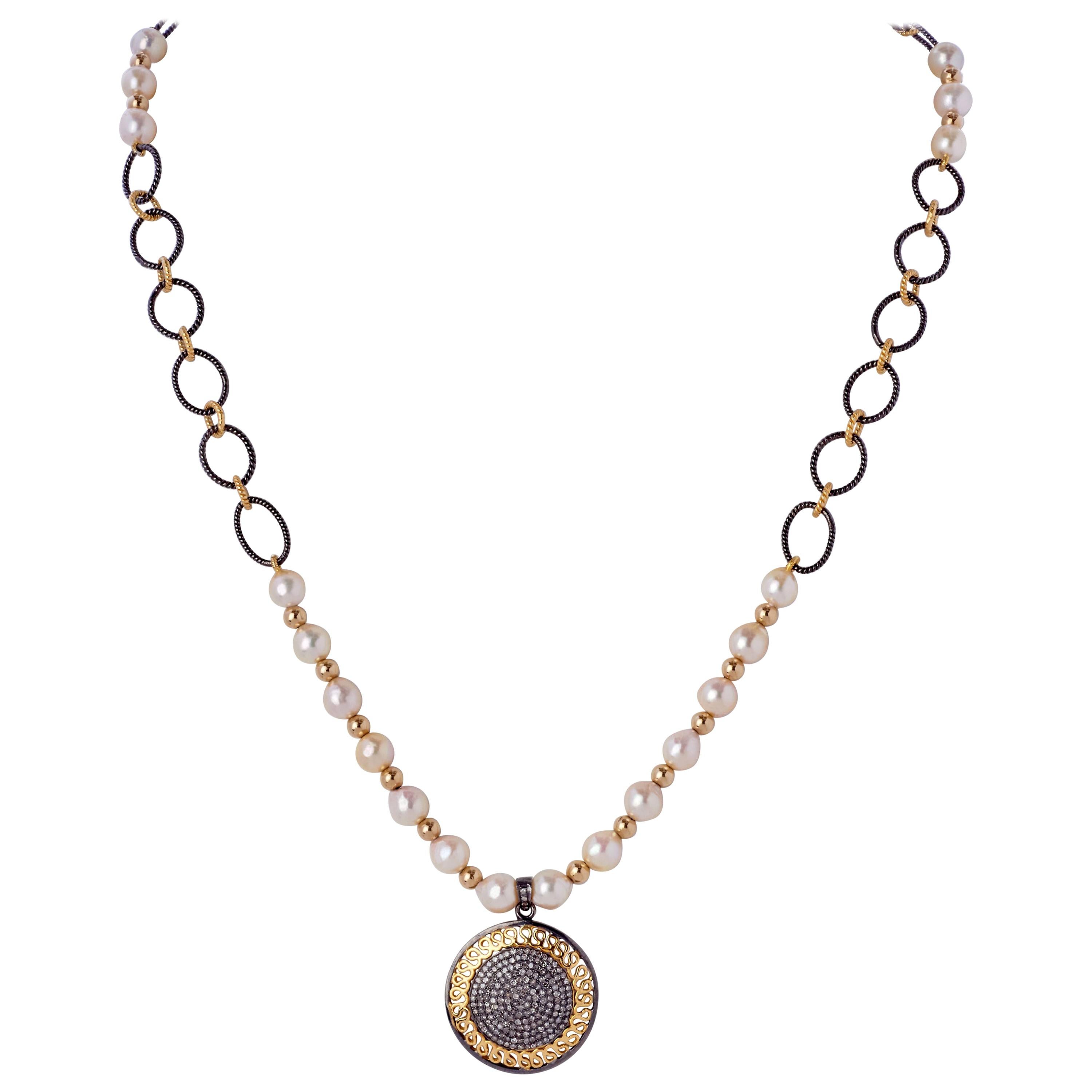 Diamond Pearl Silver Medallion Pendant Necklace w 14 Karat Gold Beads