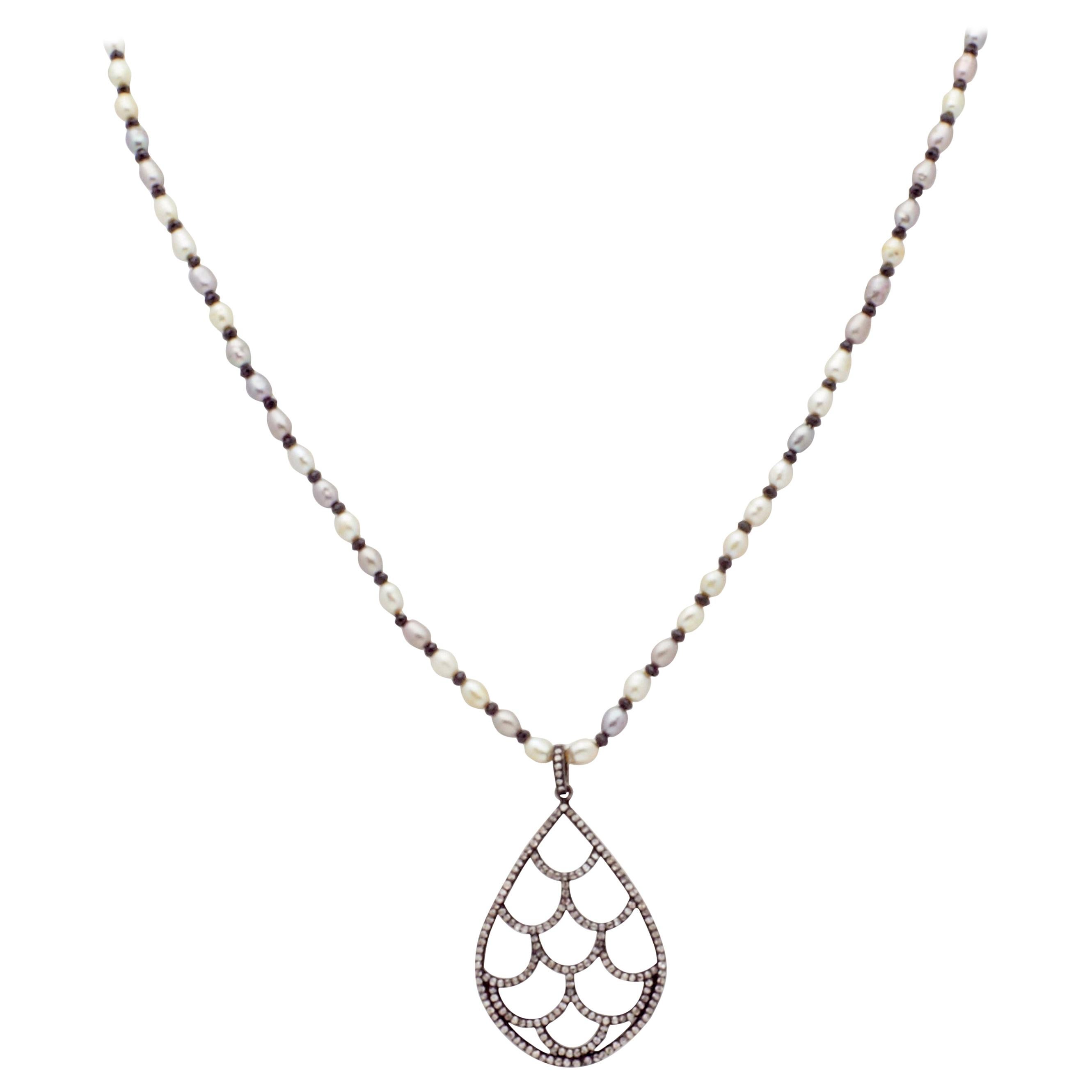 Diamond Sterling Silver Tear Drop Pendant Pearl Necklace For Sale