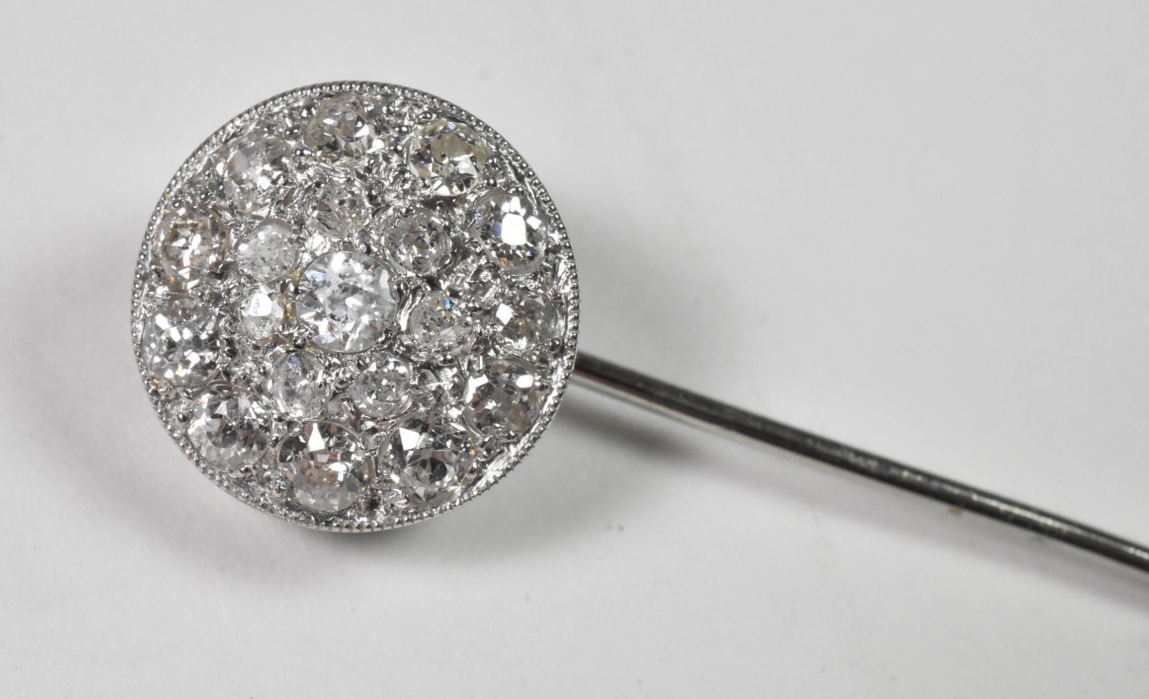 Antique 1 ct diamond stick pin. 18K white gold, tested. 19 mine cut diamonds totaling 1 ct. 2 5/8