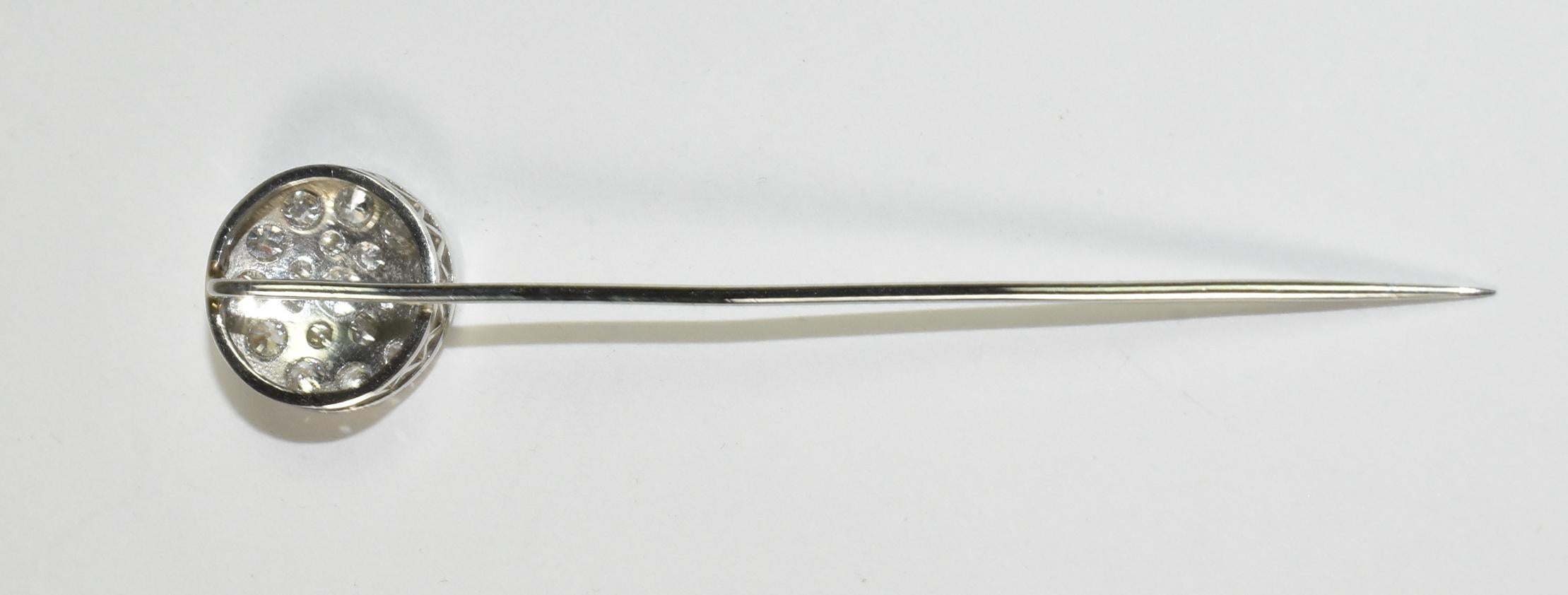 Mid-20th Century Diamond Stick Pin, 1 Ct Mine Cut Diamonds, 18K White Gold For Sale