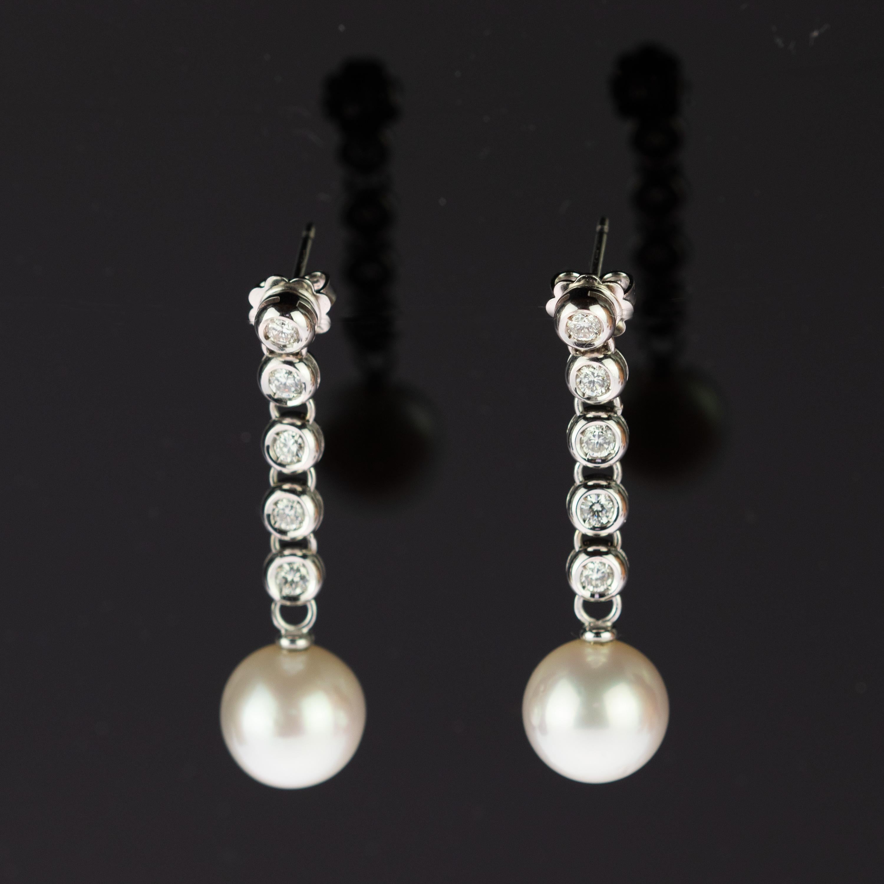 Diamond Stripe Australian Sea Pearl 18 Karat White Gold Drop Earrings For Sale 3