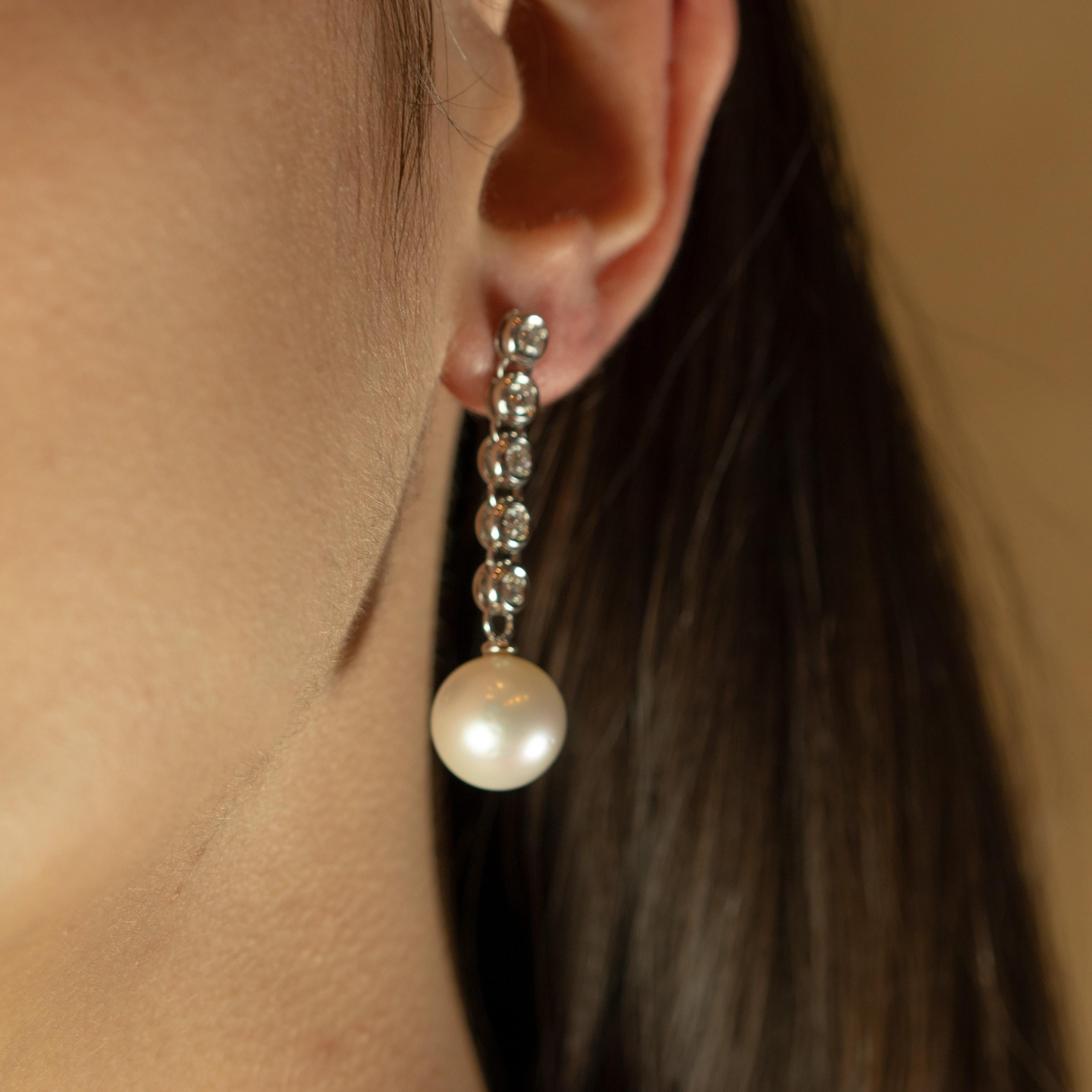 Round Cut Diamond Stripe Australian Sea Pearl 18 Karat White Gold Drop Earrings For Sale