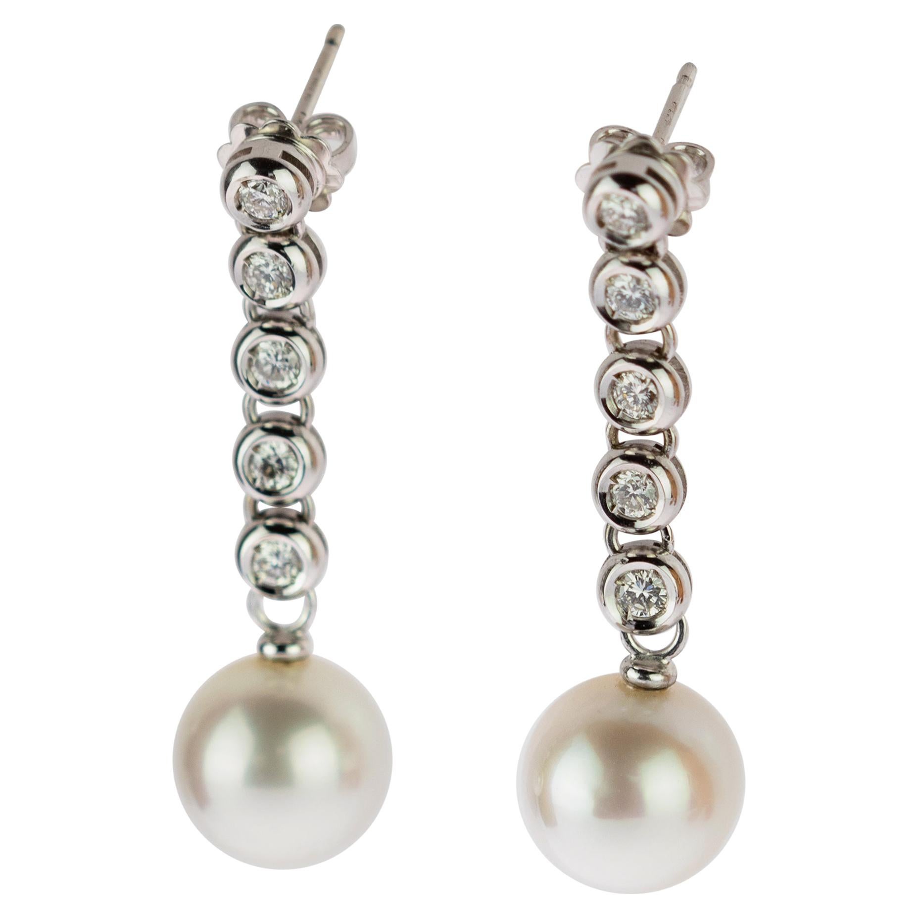 Diamond Stripe Australian Sea Pearl 18 Karat White Gold Drop Earrings For Sale