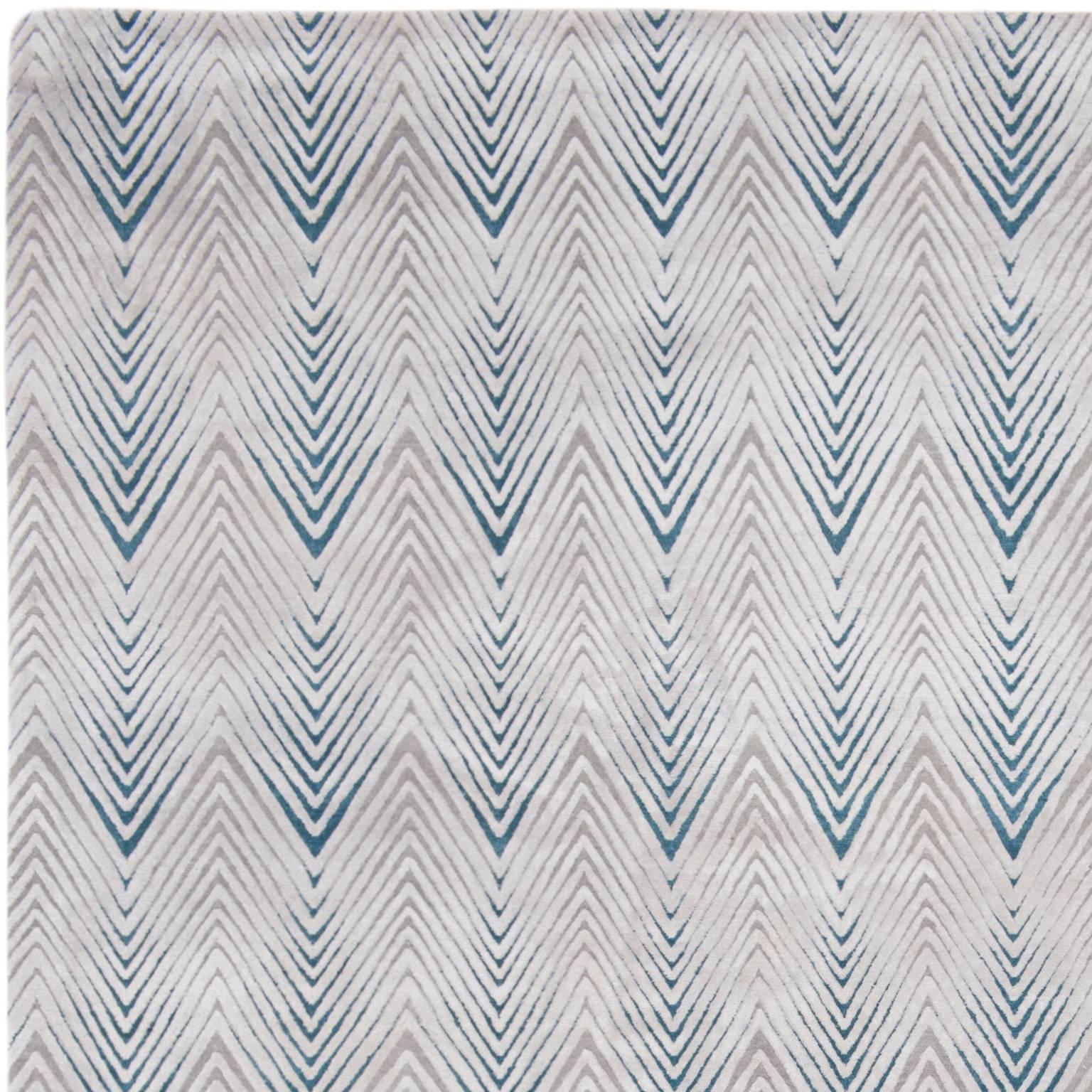 Modern 'Diamond Stripe Blue' Hand-Knotted, Contemporay, Geometric Wool and Silk Rug For Sale