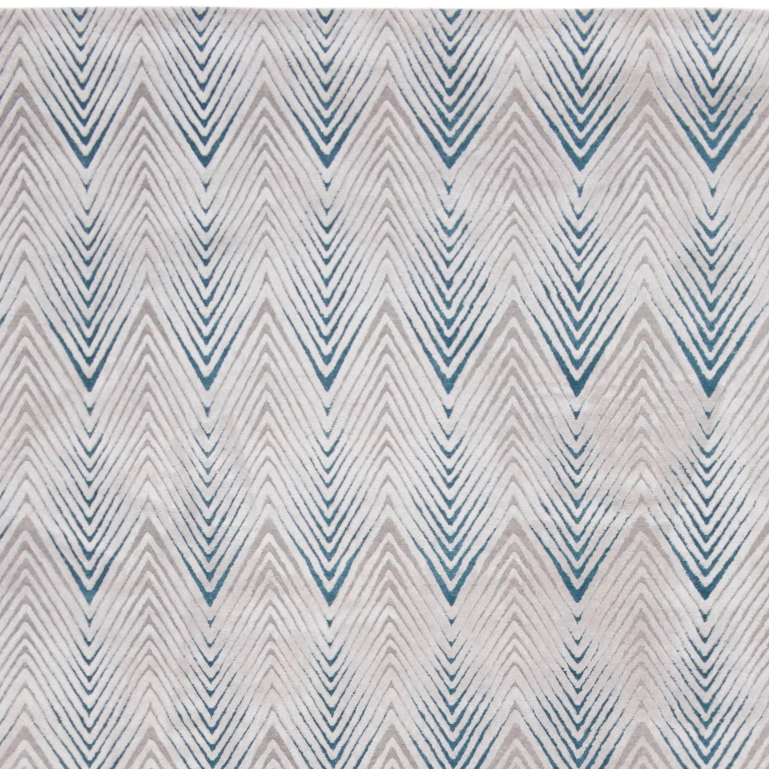 Contemporary 'Diamond Stripe Blue' Hand-Knotted, Contemporay, Geometric Wool and Silk Rug For Sale