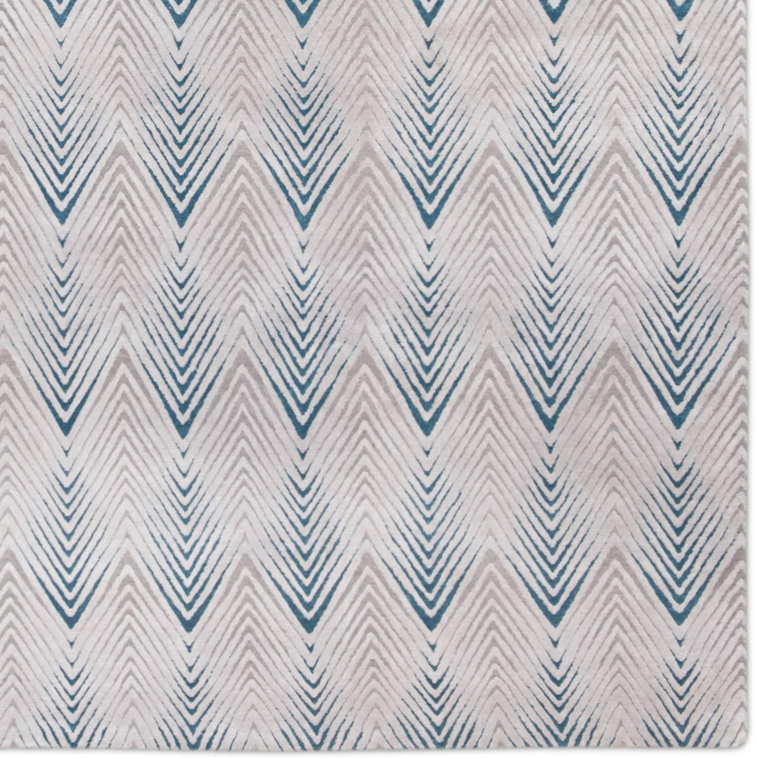 'Diamond Stripe Blue' Hand-Knotted, Contemporay, Geometric Wool and Silk Rug For Sale 1