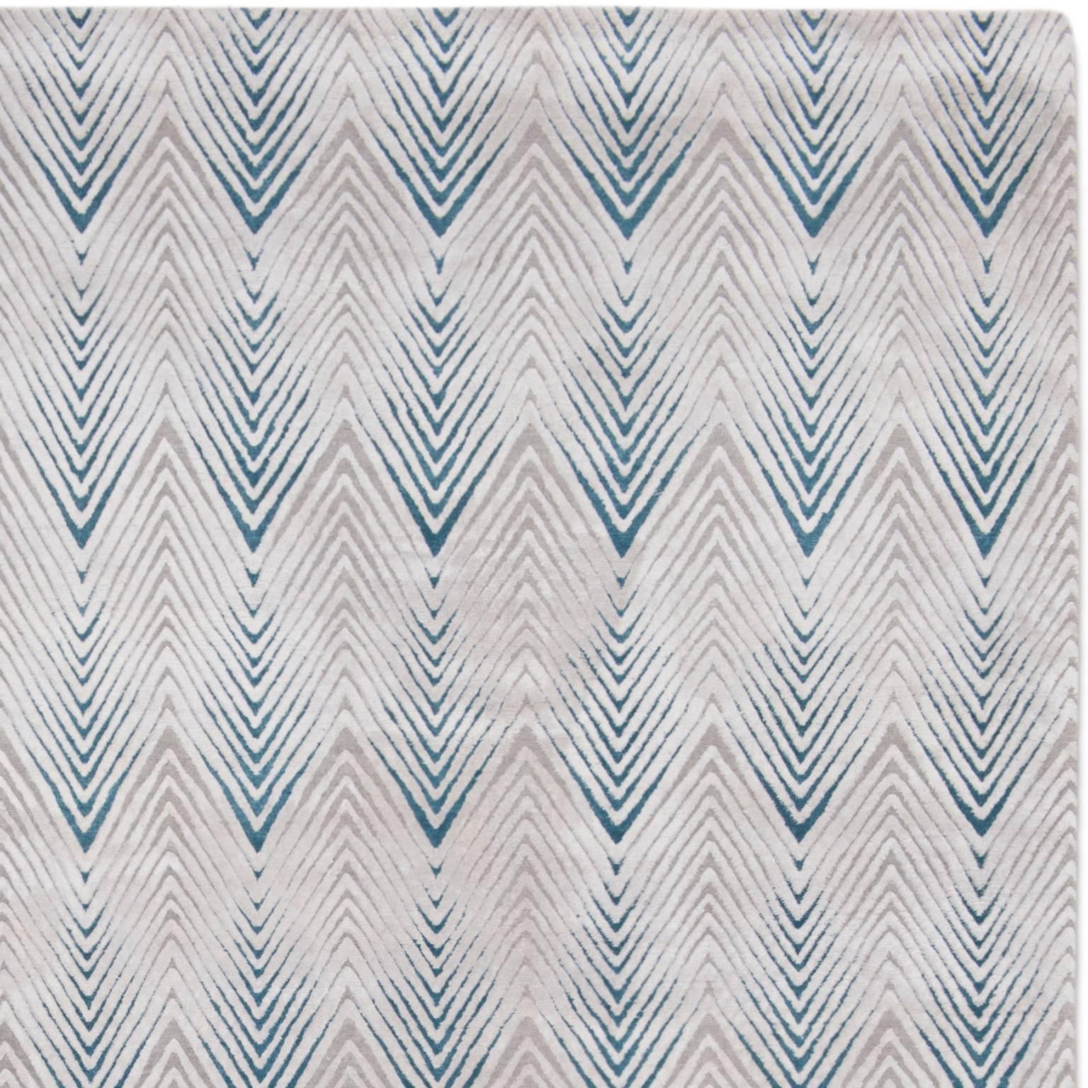 'Diamond Stripe Blue' Hand-Knotted, Contemporay, Geometric Wool and Silk Rug For Sale 2