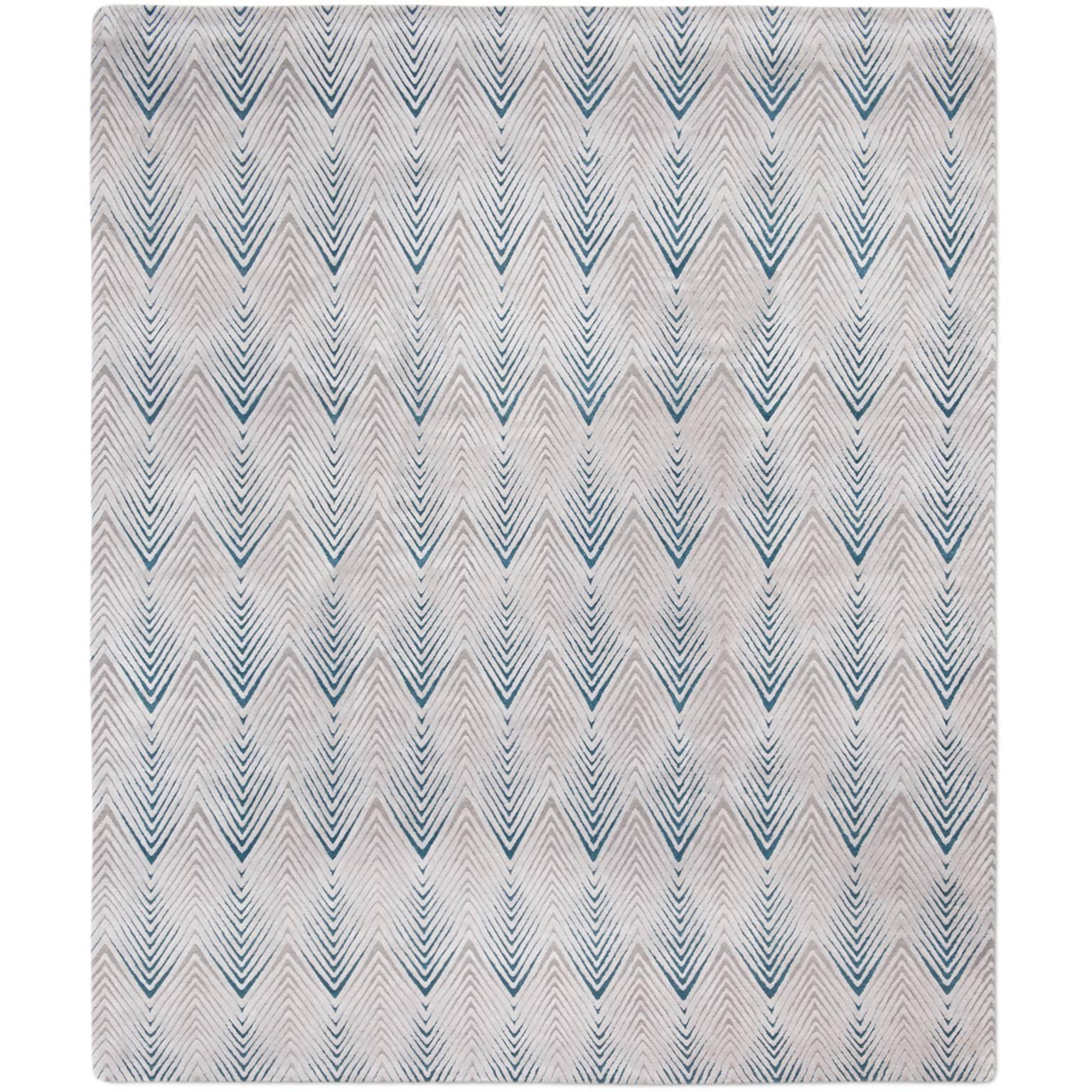 'Diamond Stripe Blue' Hand-Knotted, Contemporay, Geometric Wool and Silk Rug For Sale