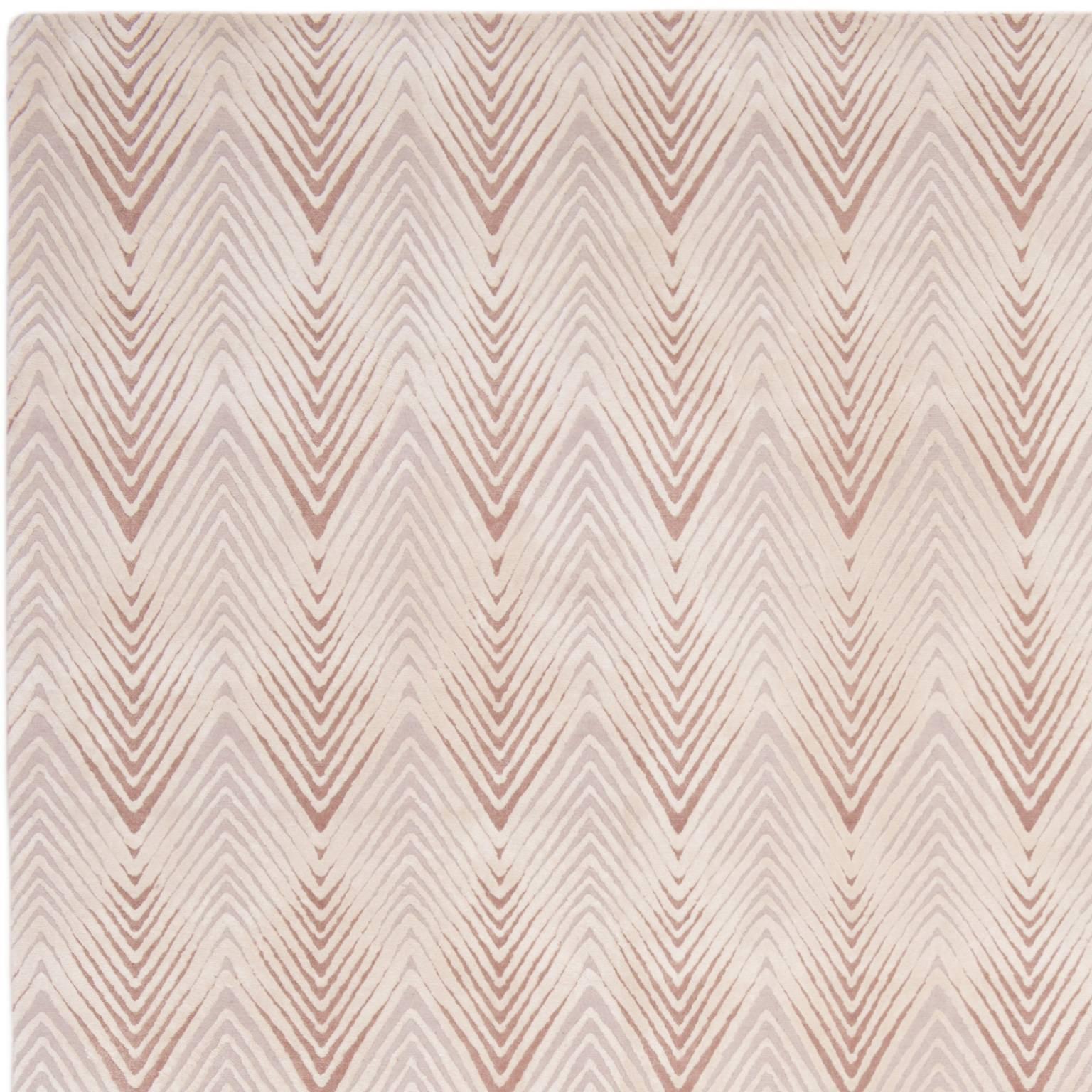 Modern 'Diamond Stripe_blush' Hand-Knotted, Contemporay, Geometric Wool and Silk Rug For Sale