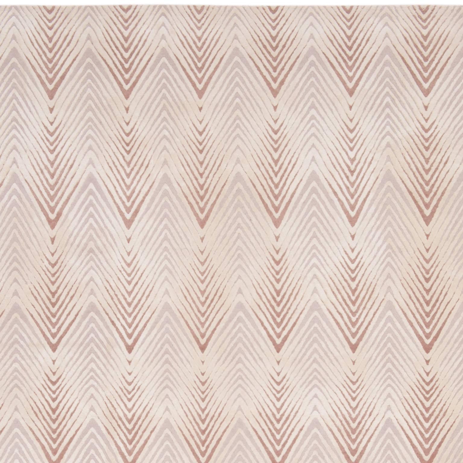 Contemporary 'Diamond Stripe_blush' Hand-Knotted, Contemporay, Geometric Wool and Silk Rug For Sale