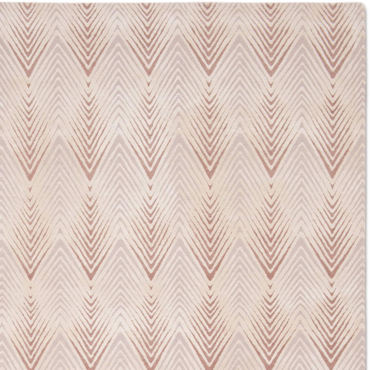 'Diamond Stripe_blush' Hand-Knotted, Contemporay, Geometric Wool and Silk Rug For Sale 2