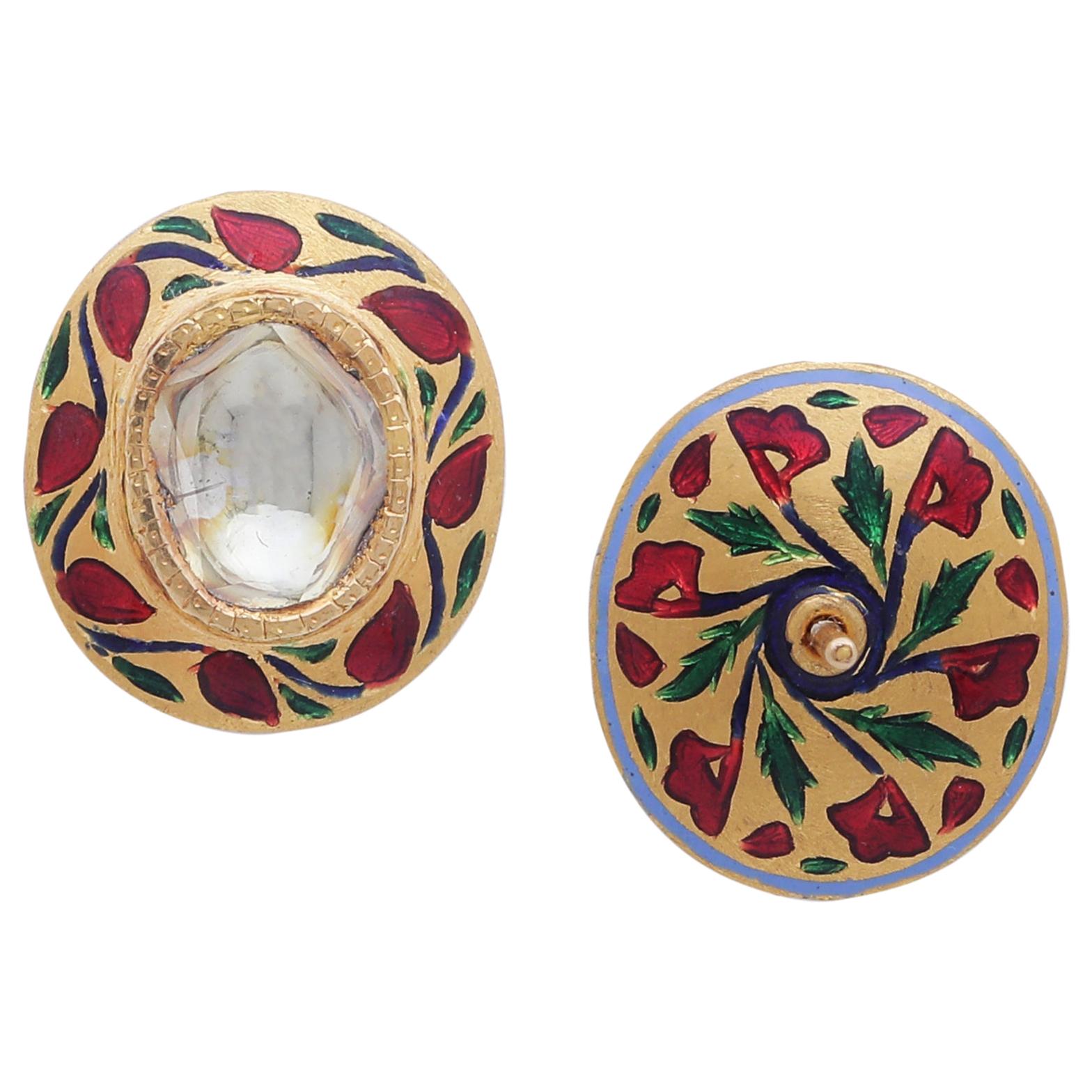 Diamond Stud Earring Pair with Intricate Enamel Handcrafted in 18 Karat Gold For Sale