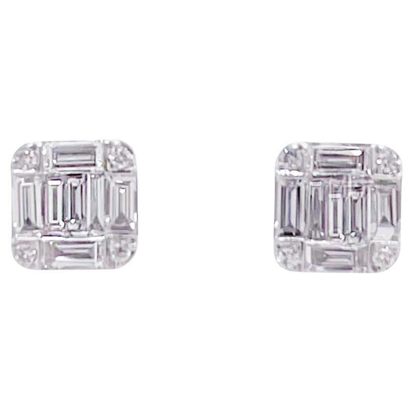 Diamond Stud Earrings 0.33 Carats Baguette & Round Diamonds 14K White Gold For Sale