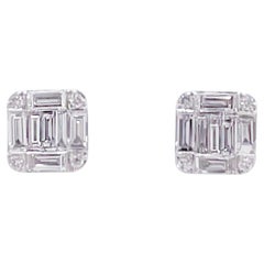 Diamond Stud Earrings 0.33 Carats Baguette & Round Diamonds 14K White Gold