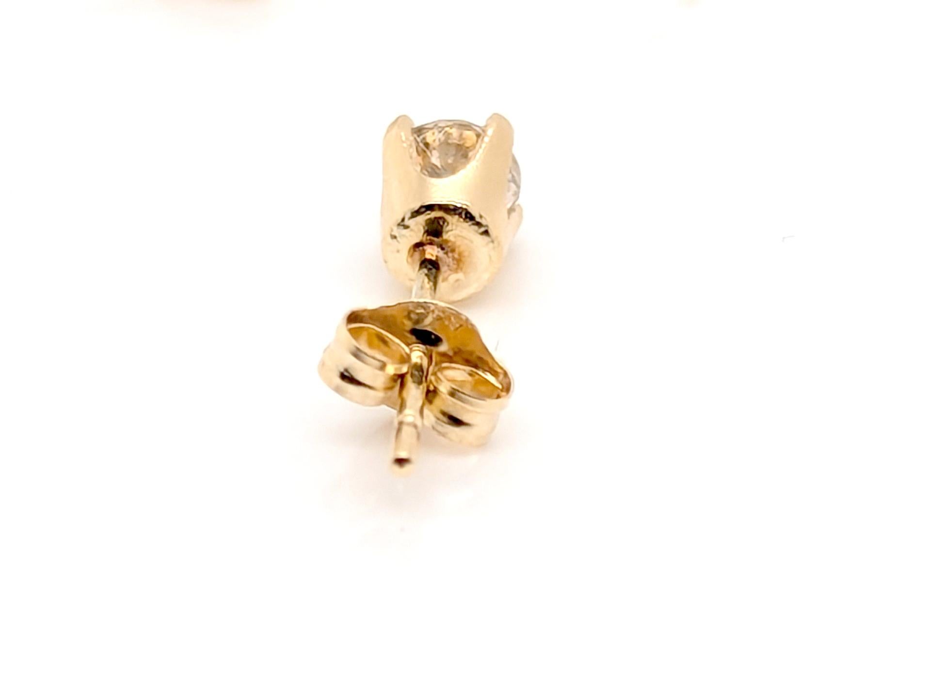 Women's or Men's Diamond Stud Earrings 1/3ct Mined RBC 4 Prong 14K Yellow Gold Pushback For Sale