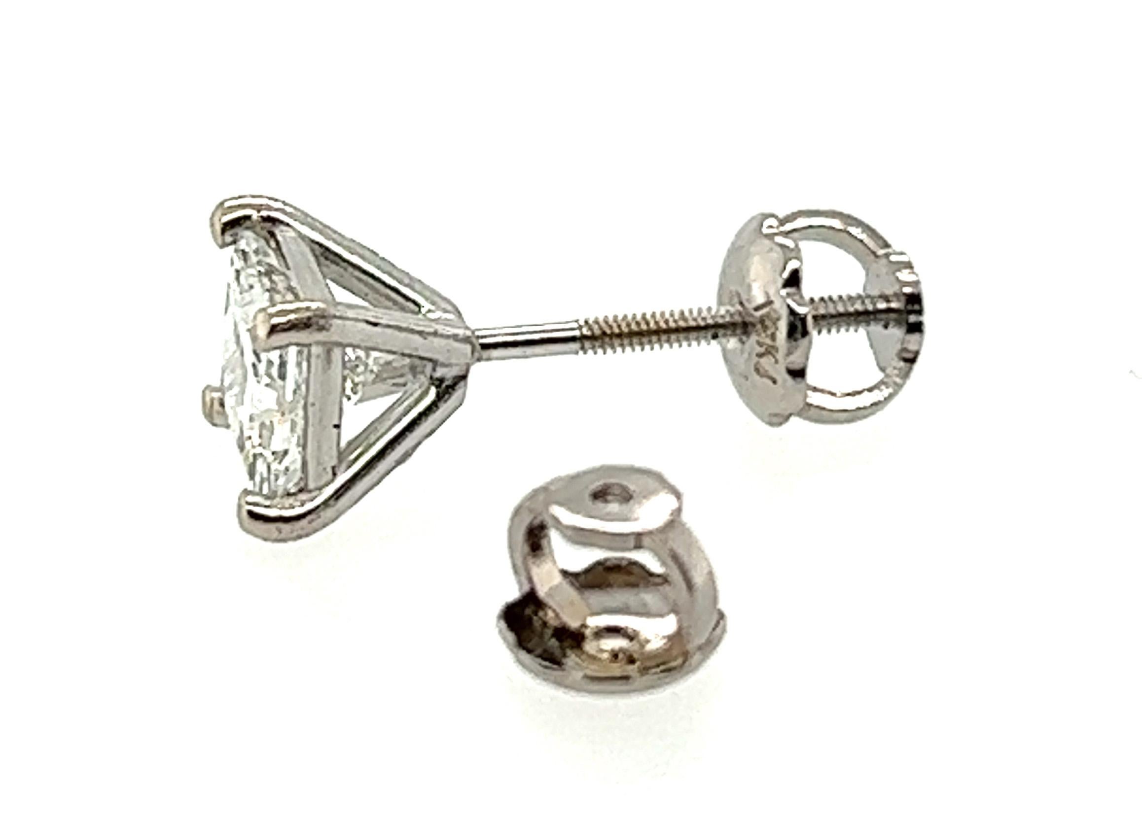 Women's or Men's Diamond Stud Earrings 1 Carat Princess 14k EGL Certified Natural Mined Screwback For Sale