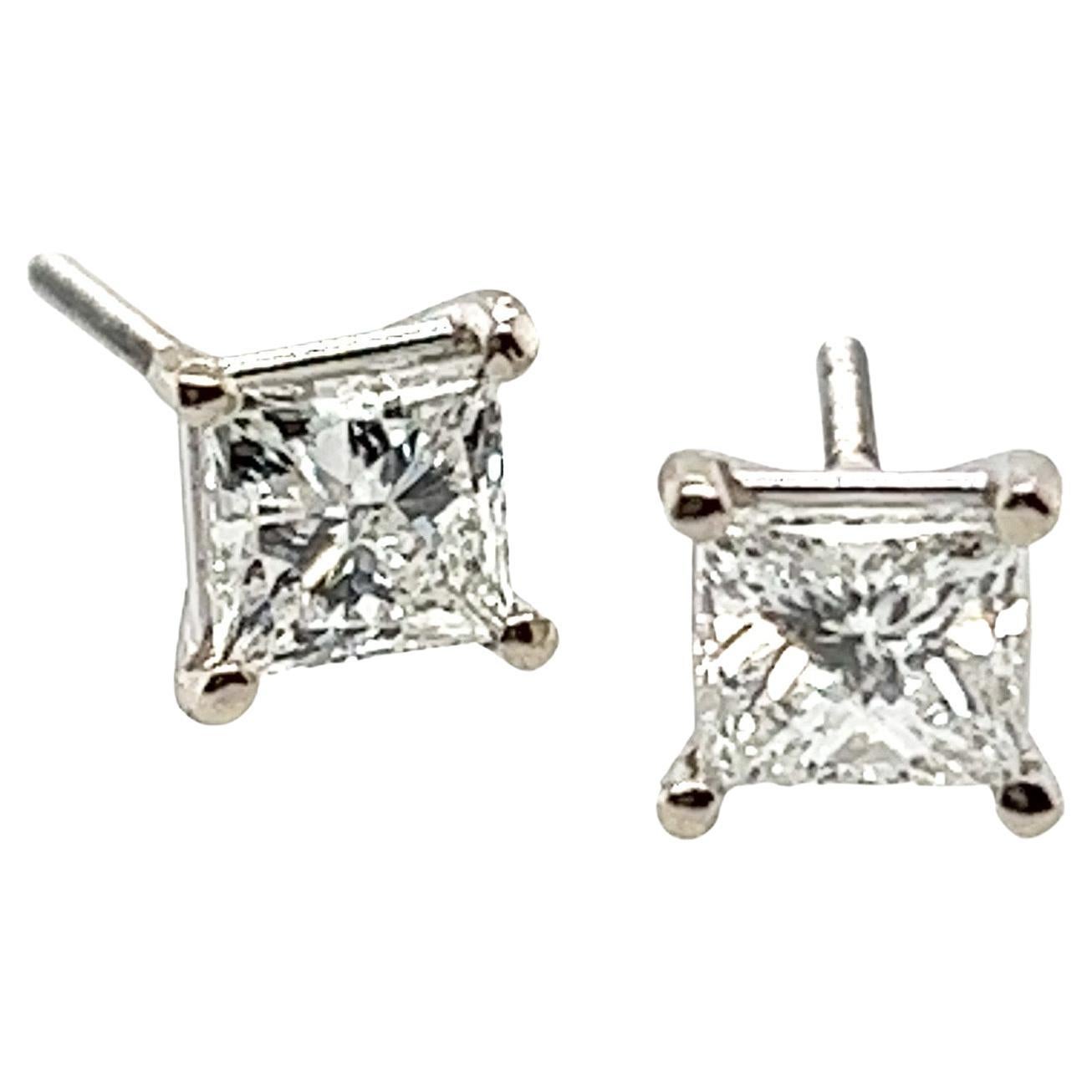 Diamond Stud Earrings 1 Carat Princess 14k EGL Certified Natural Mined Screwback For Sale