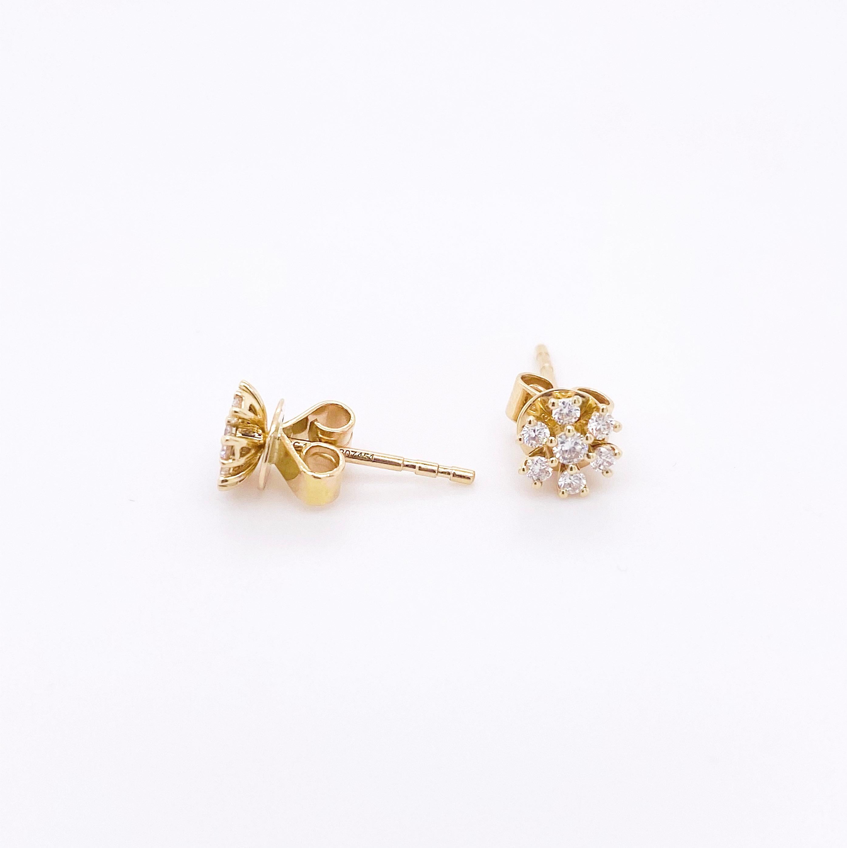 Modern Diamond Stud Earrings, 14K Yellow Gold Diamond Earrings, Flower Diamond Cluster