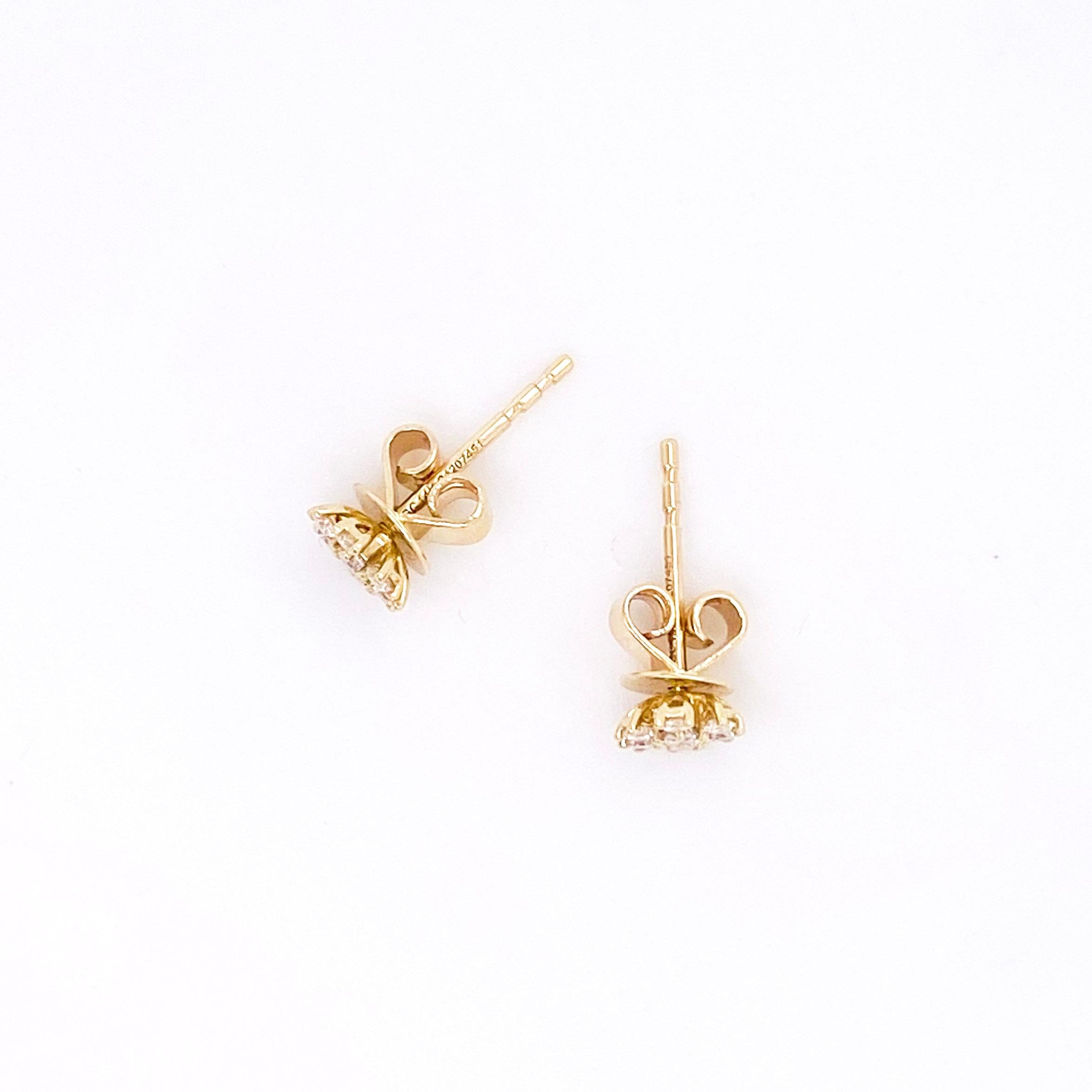 Round Cut Diamond Stud Earrings, 14K Yellow Gold Diamond Earrings, Flower Diamond Cluster