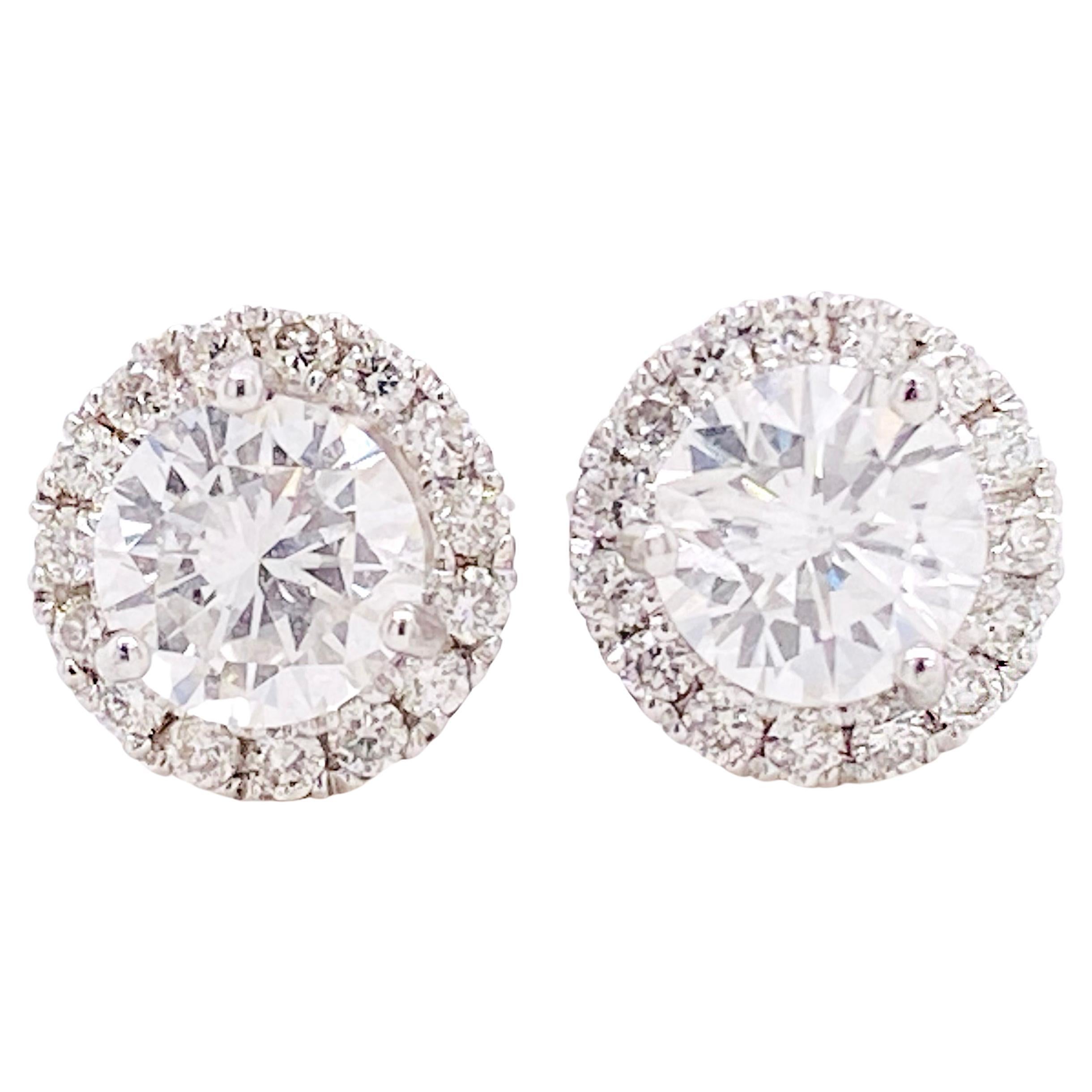 Diamond Stud Earrings, 1.50 Carats White Gold, Round Diamonds with Diamond Halo For Sale