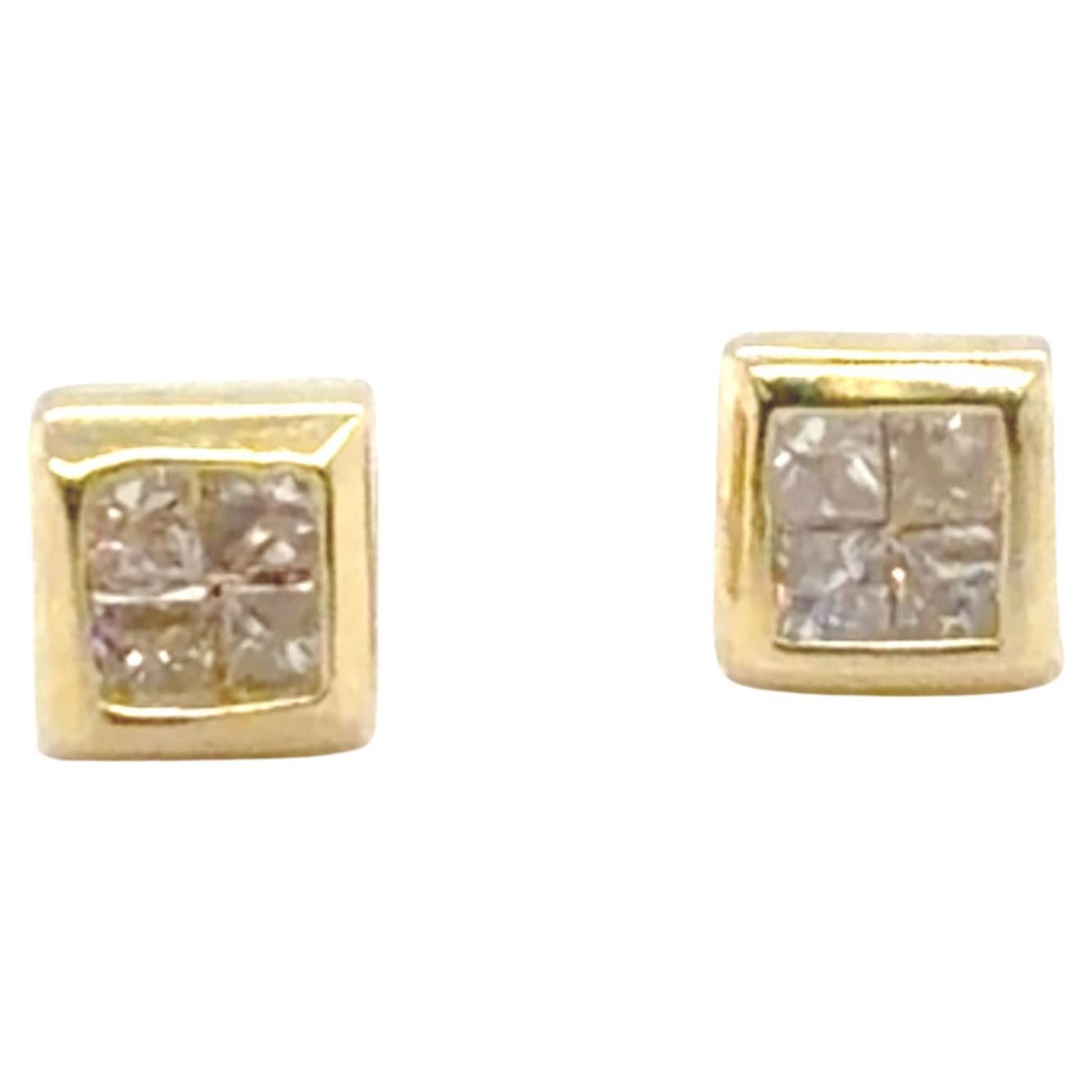 Diamond Stud Earrings .25ct Invisible Set Princess Cut Yellow Gold Pushback im Angebot