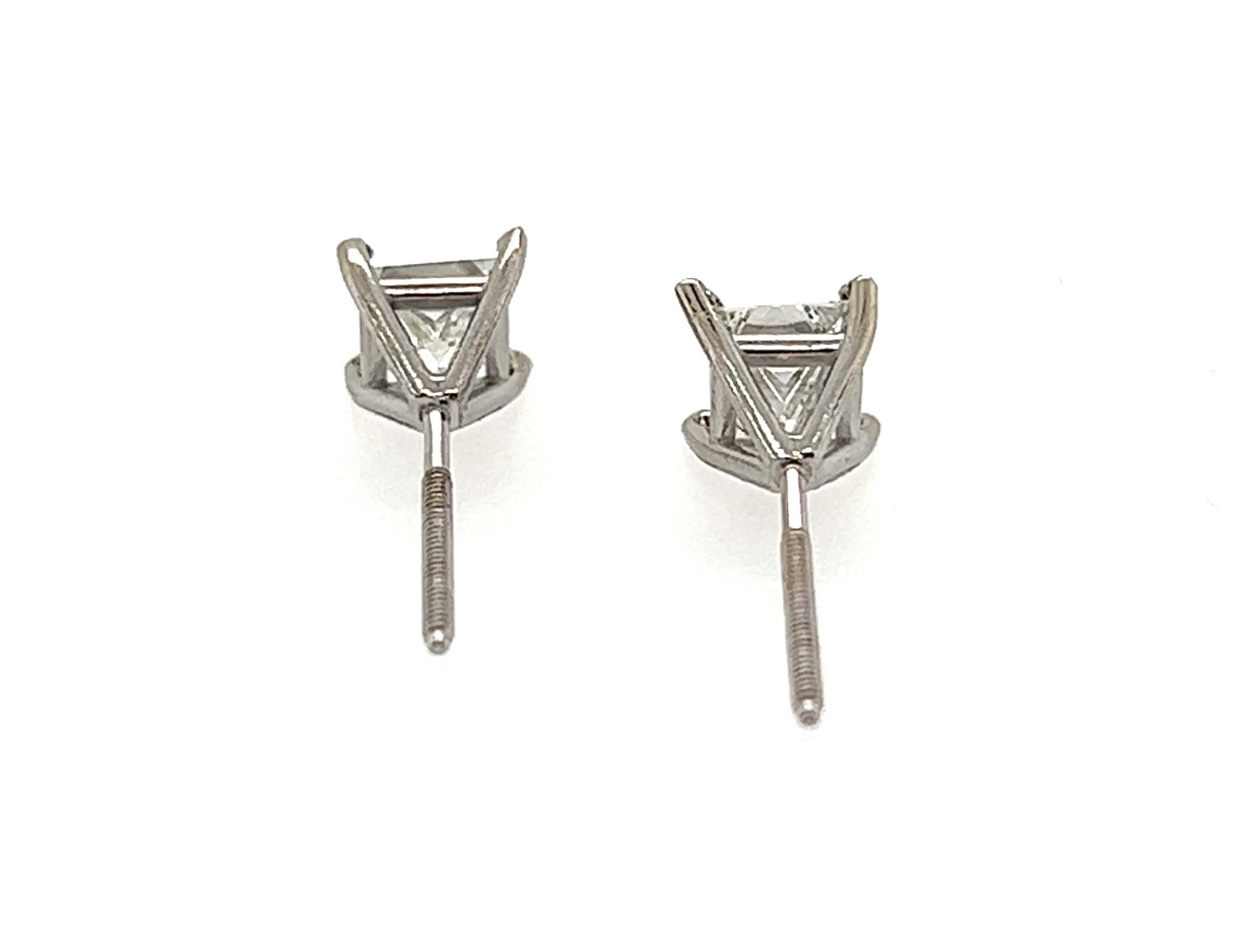 Diamond Stud Earrings .93ct Princess 14K EGL Certified Mined Screwback 1ct For Sale 1